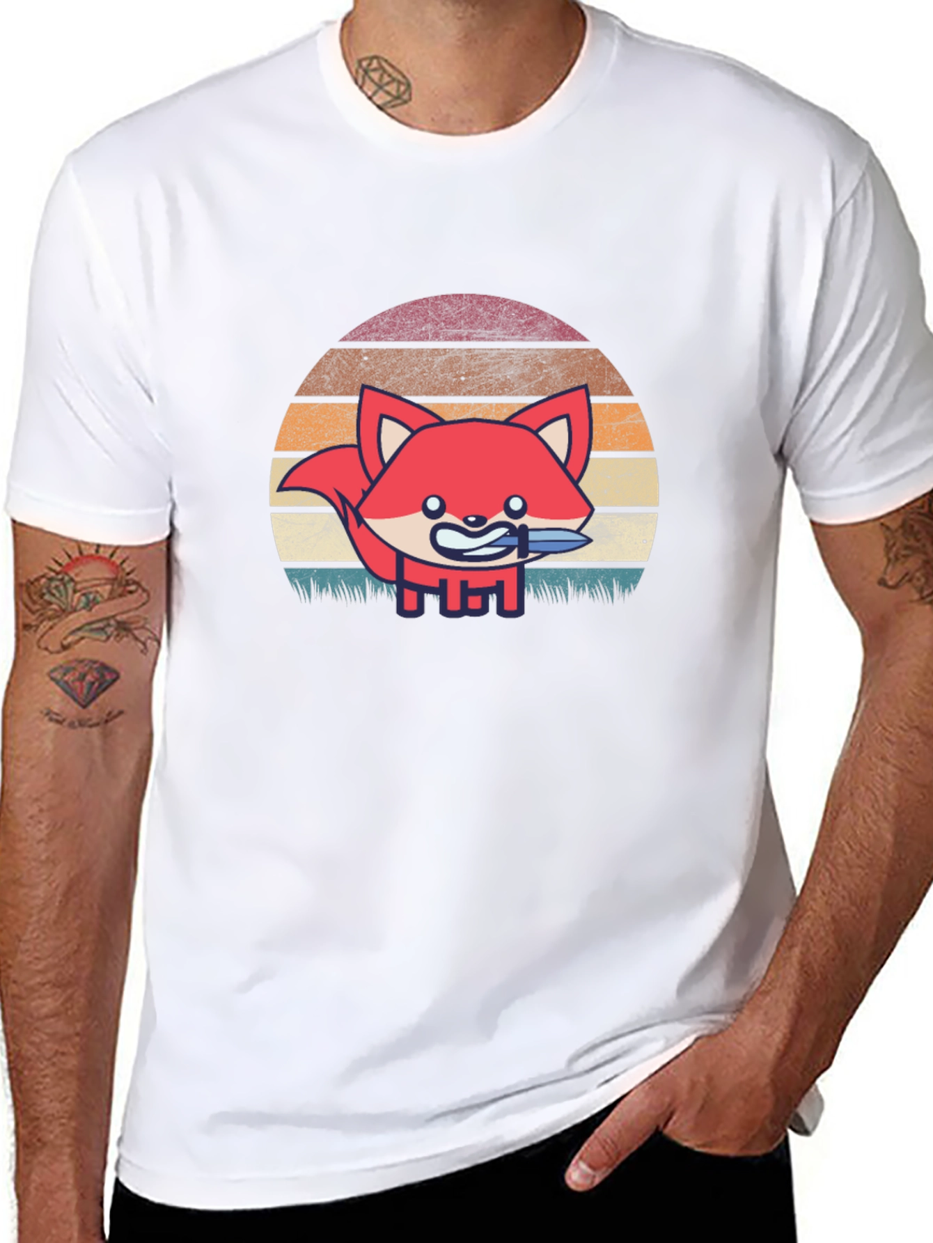 Fox With Knife Retro Style Graphic T-Shirt