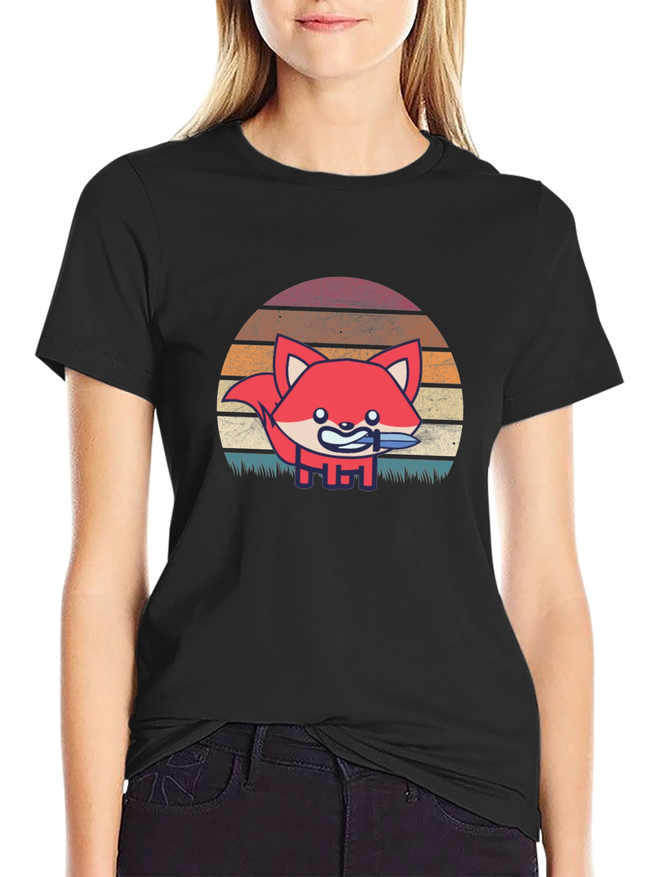 Fox With Knife Retro Style Graphic T-Shirt