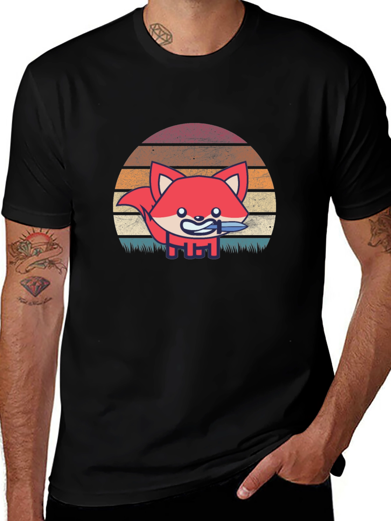 Fox With Knife Retro Style Graphic T-Shirt