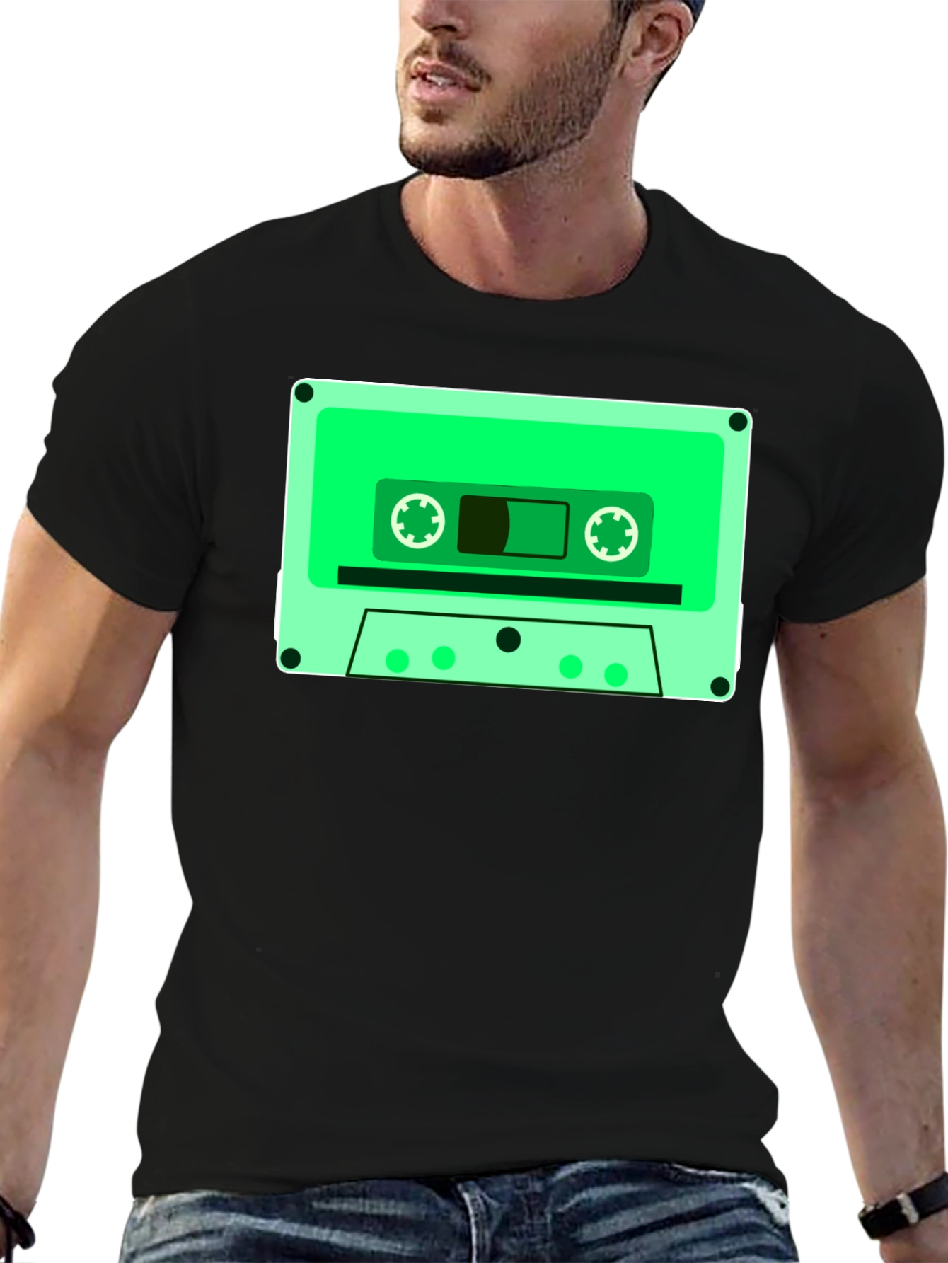Retro Cassette Tape Graphic Tee - Black Cotton Blend