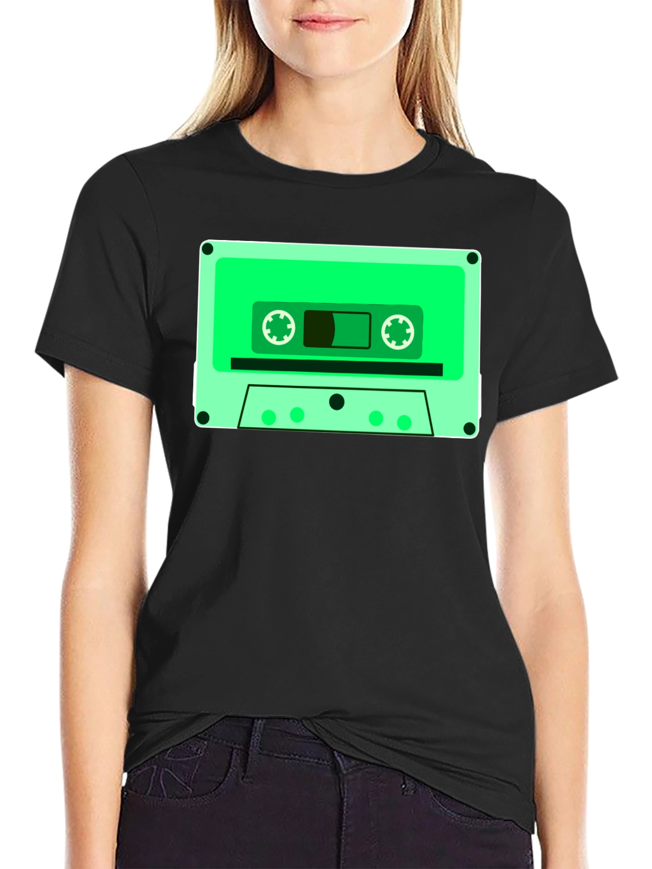 Retro Cassette Tape Graphic Tee - Black Cotton Blend