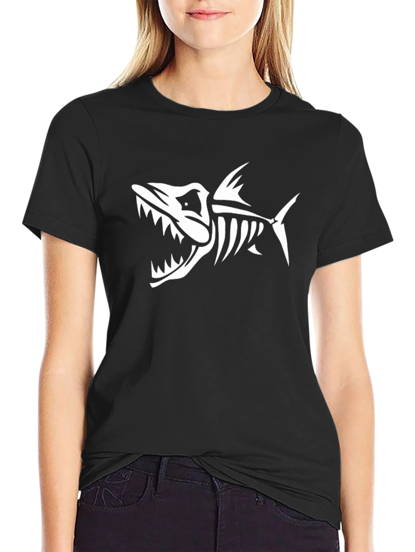 Black Tee with Fish Skeleton Print