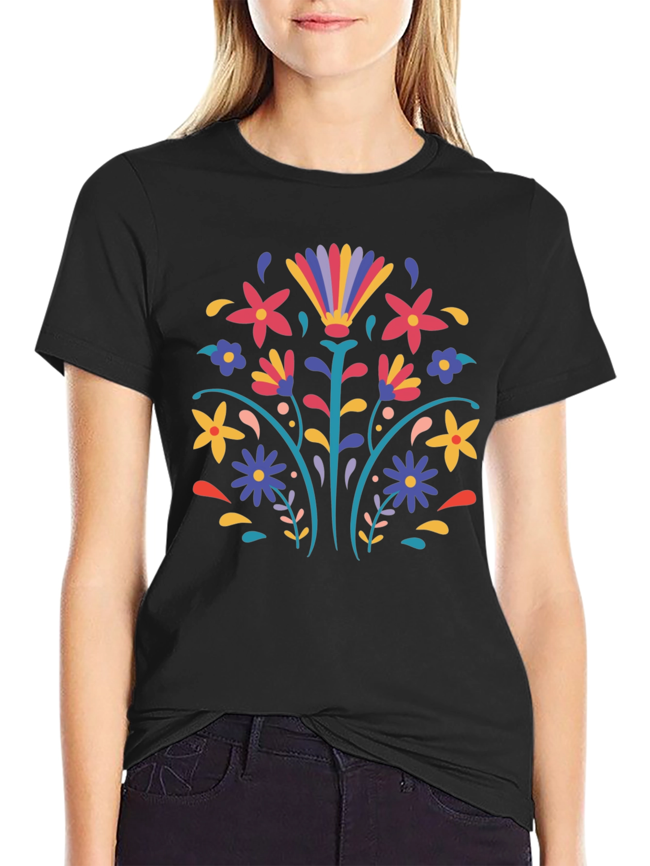 Floral Folk Art Black T-Shirt