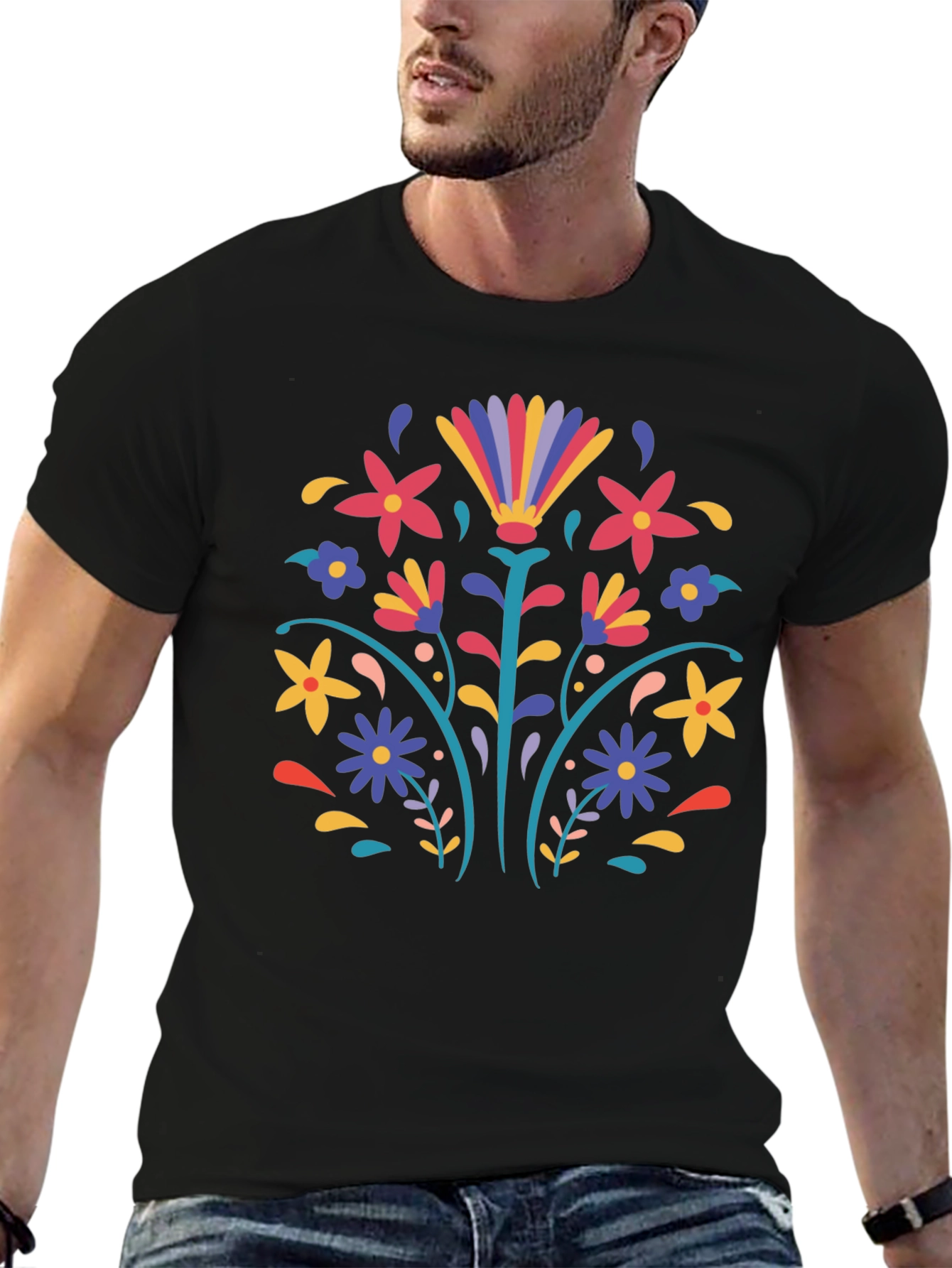 Floral Folk Art Black T-Shirt