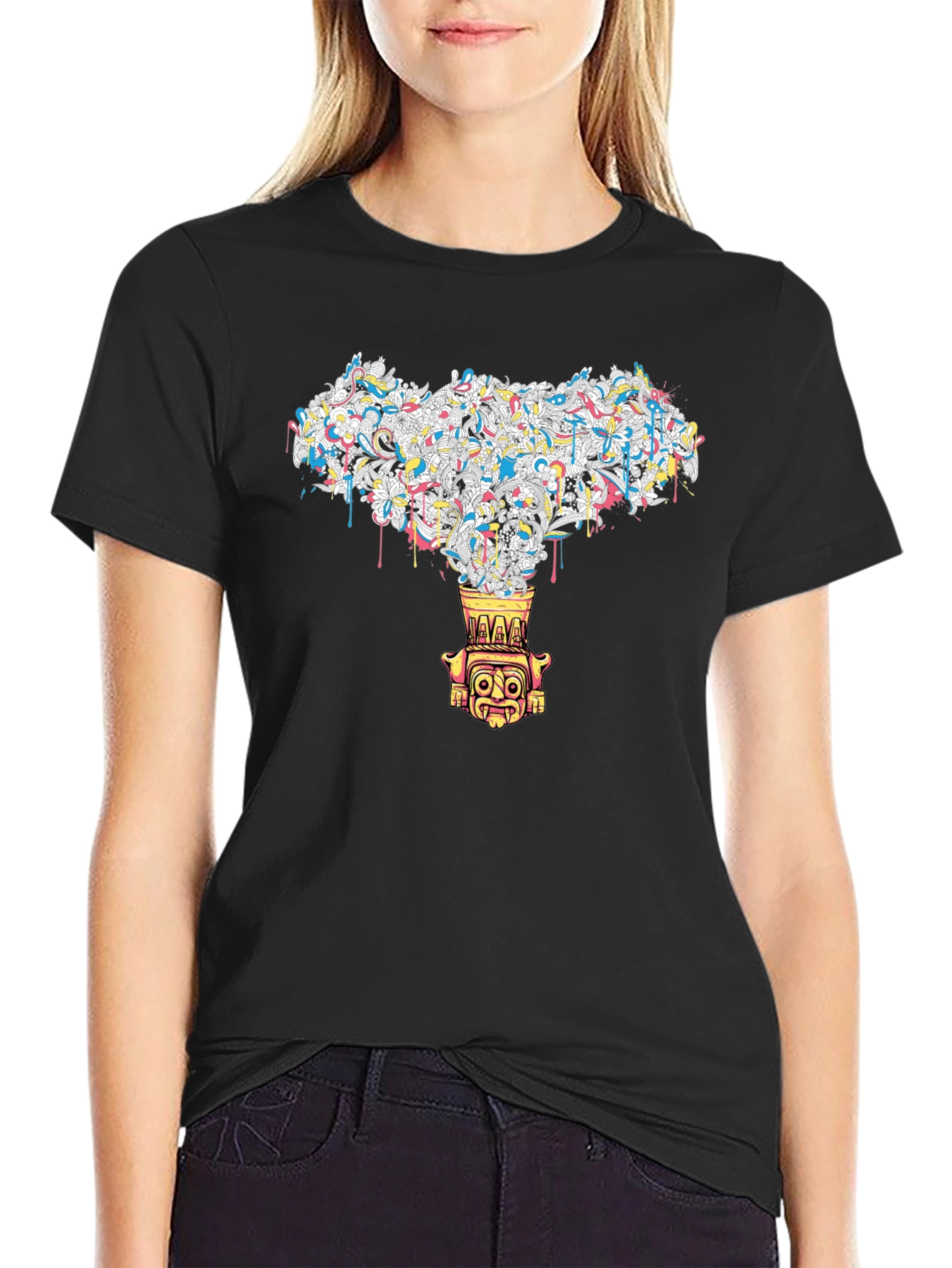 Black T-Shirt with Abstract Tiki Design