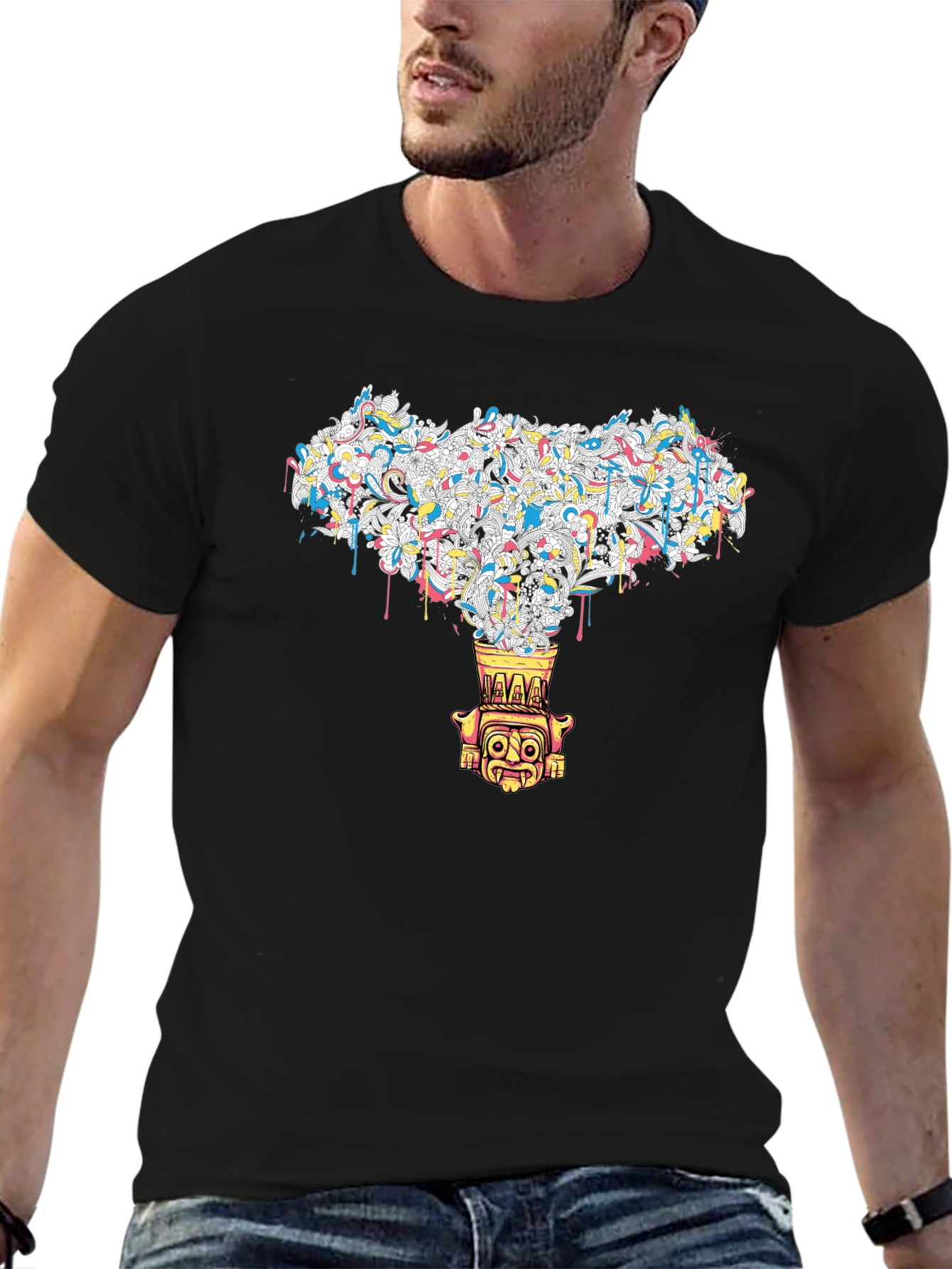 Black T-Shirt with Abstract Tiki Design