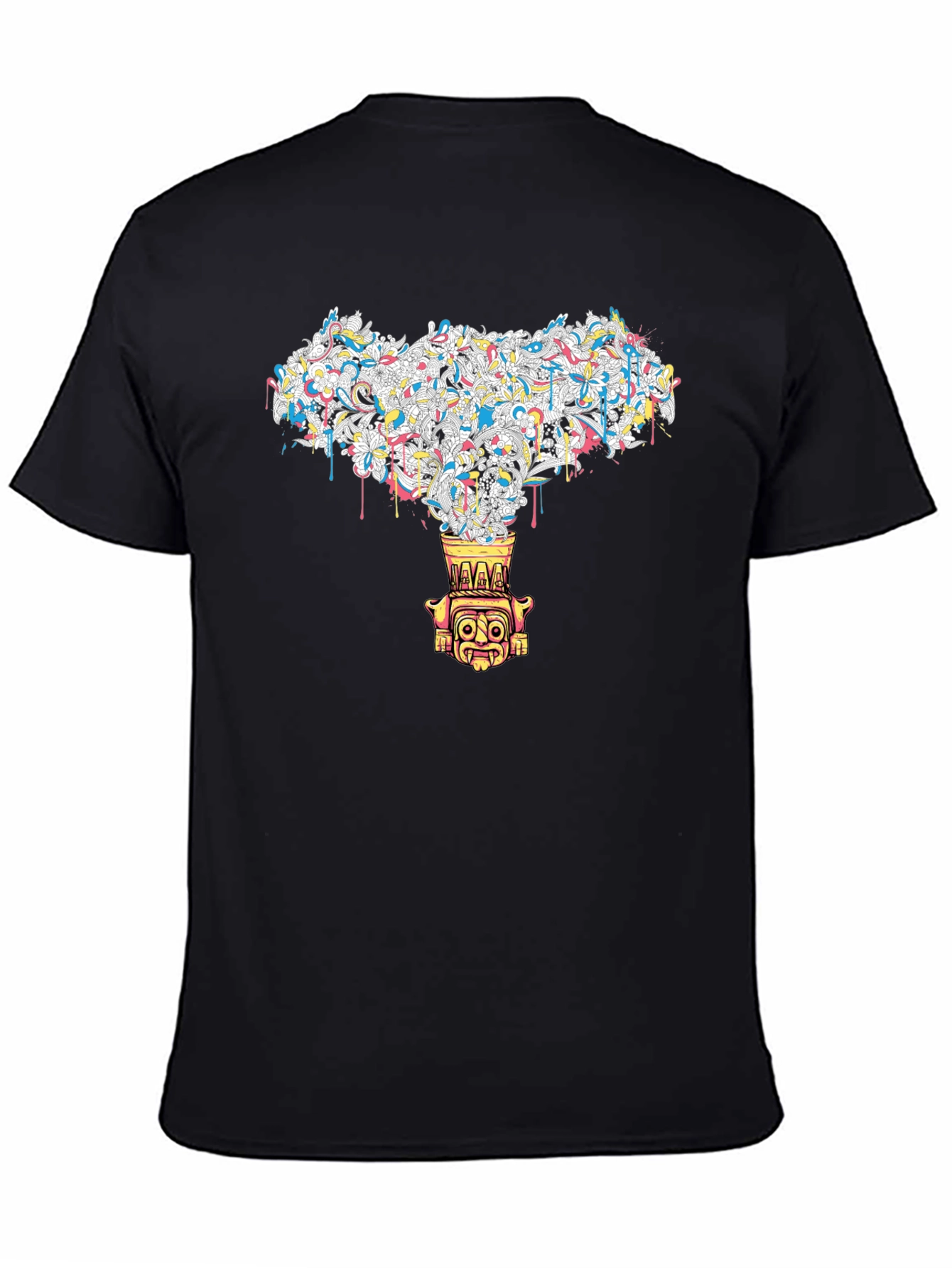Black T-Shirt with Abstract Tiki Design