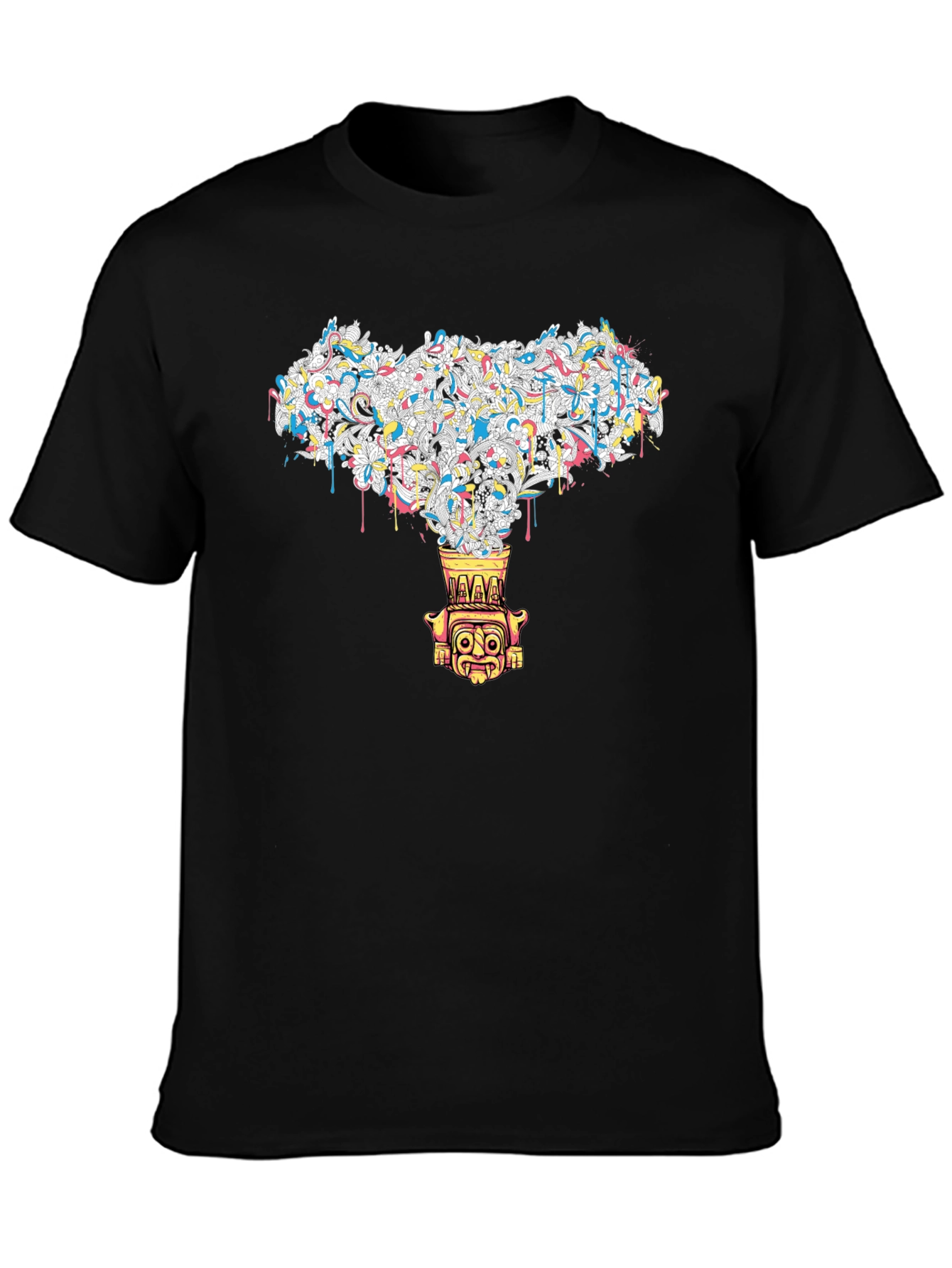 Black T-Shirt with Abstract Tiki Design