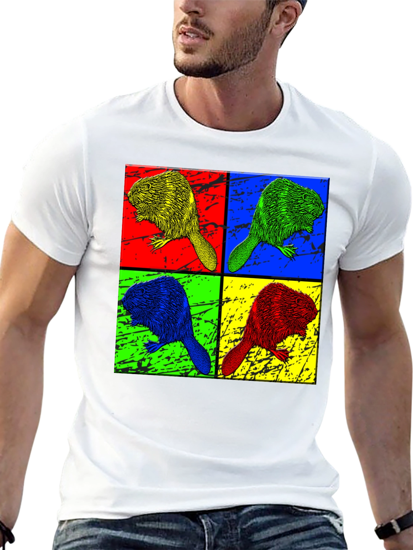 Pop Art Beaver Graphic Print Crew Neck T-Shirt