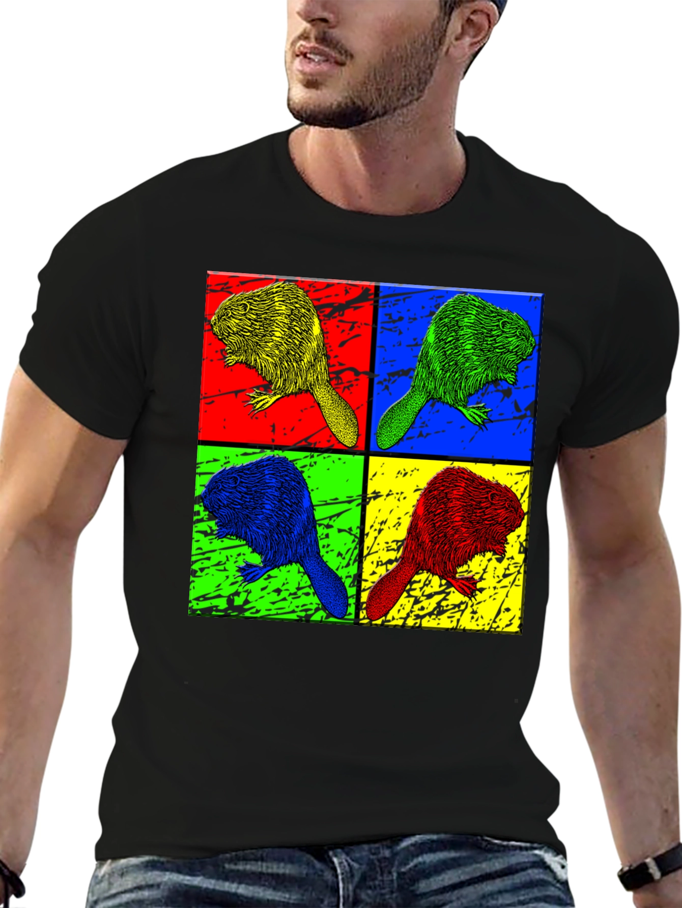 Pop Art Beaver Graphic Print Crew Neck T-Shirt