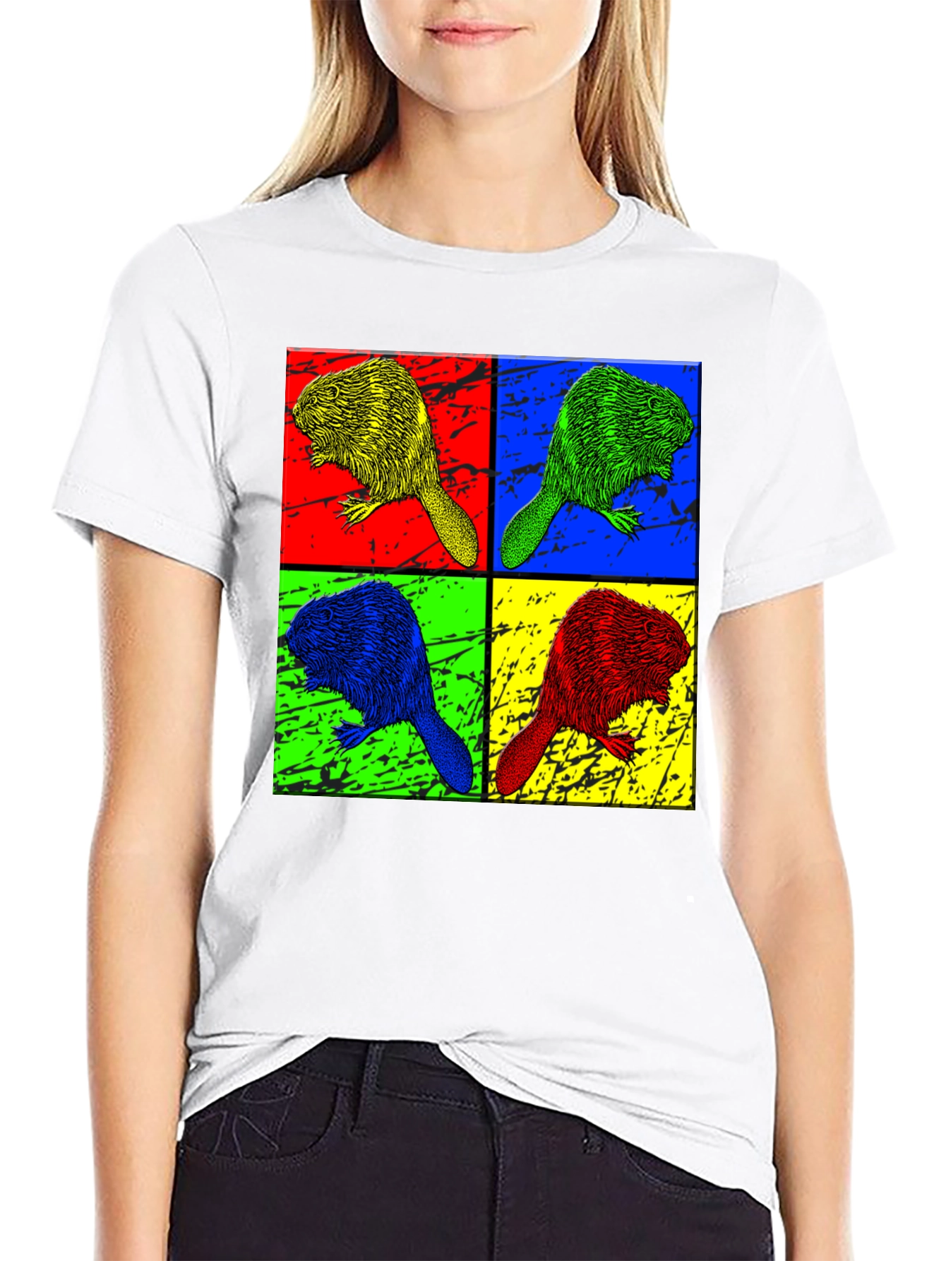 Pop Art Beaver Graphic Print Crew Neck T-Shirt