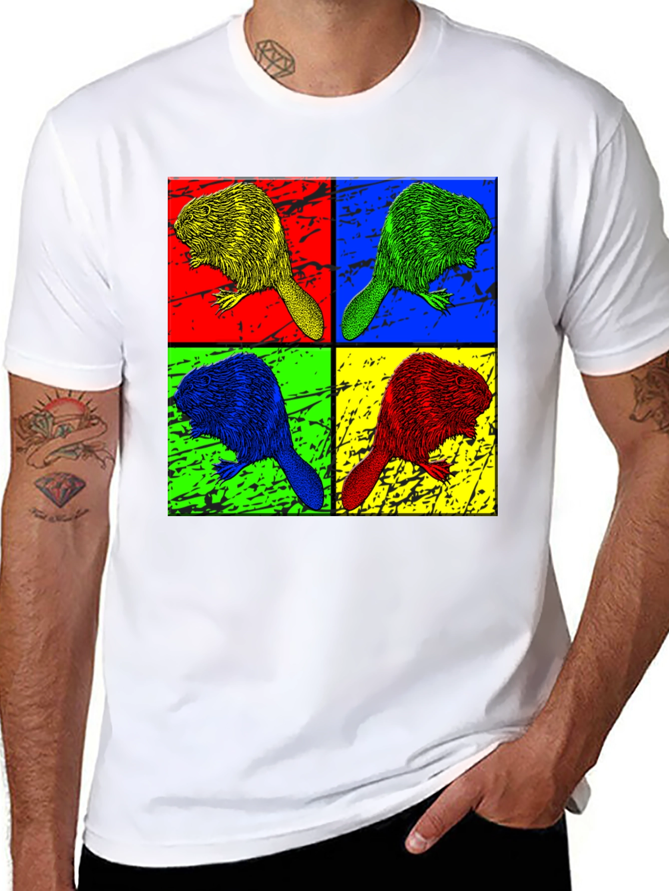 Pop Art Beaver Graphic Print Crew Neck T-Shirt