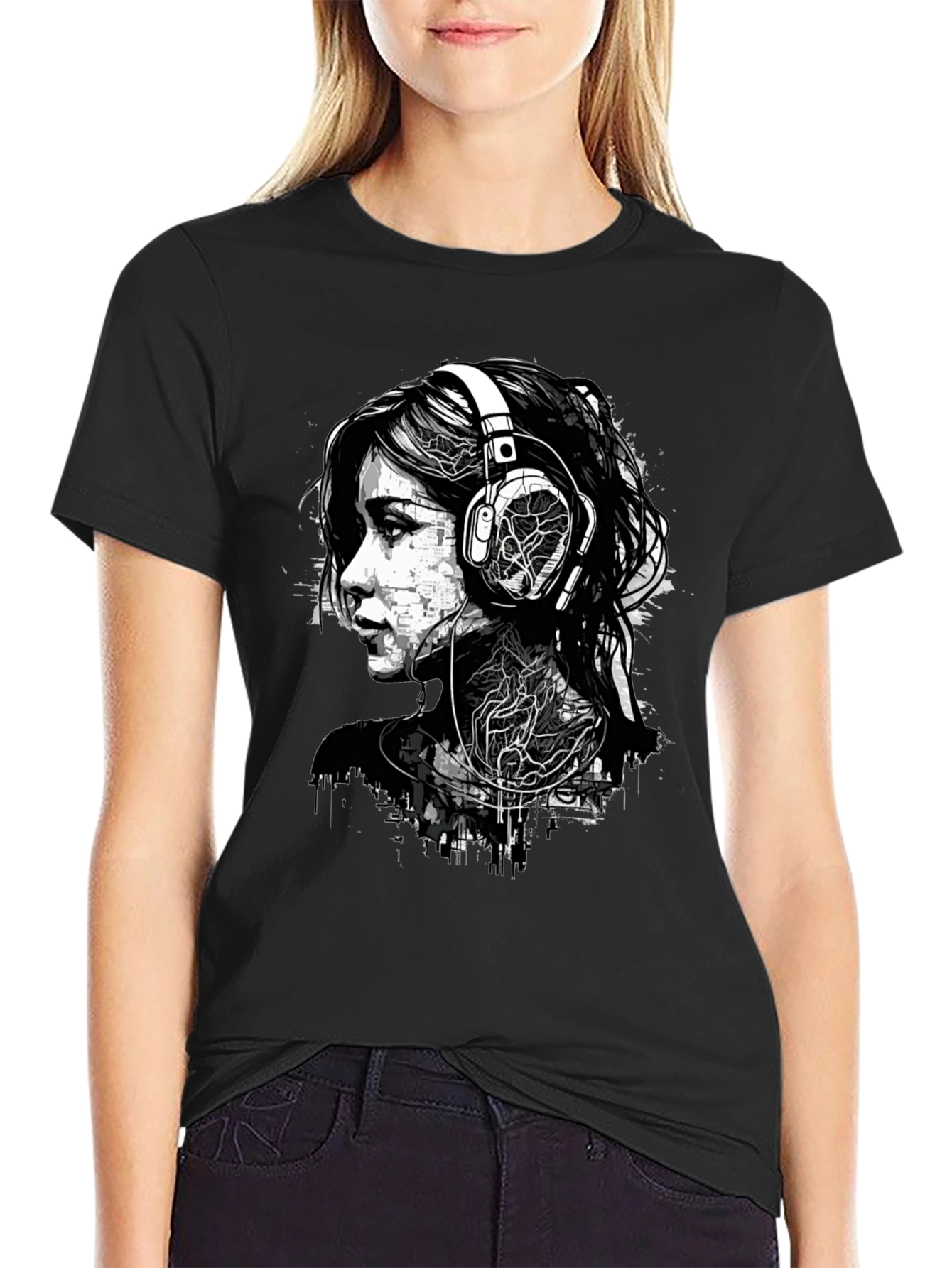 Urban Edge Graphic Tee - Woman with Headphones Design