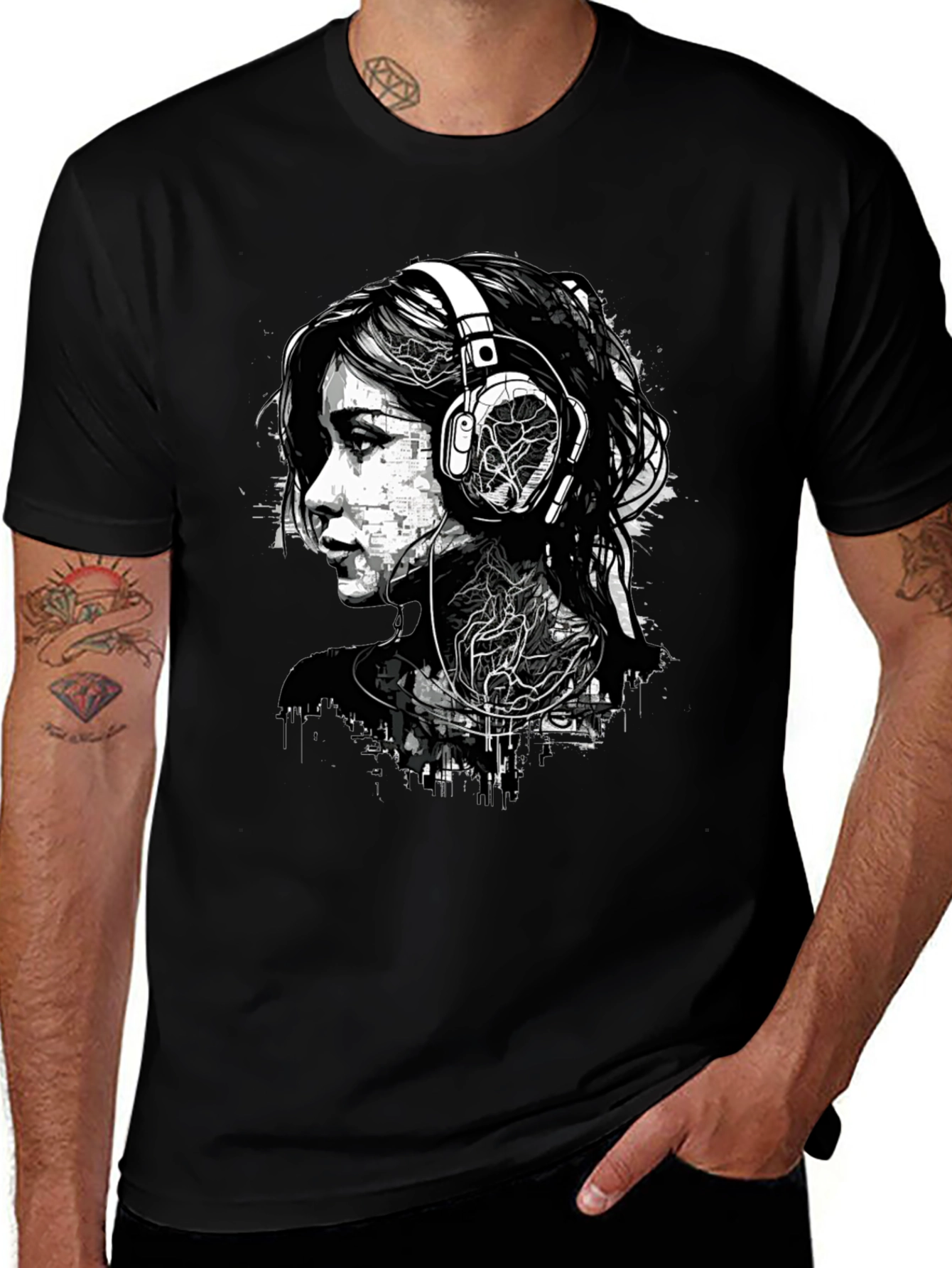 Urban Edge Graphic Tee - Woman with Headphones Design