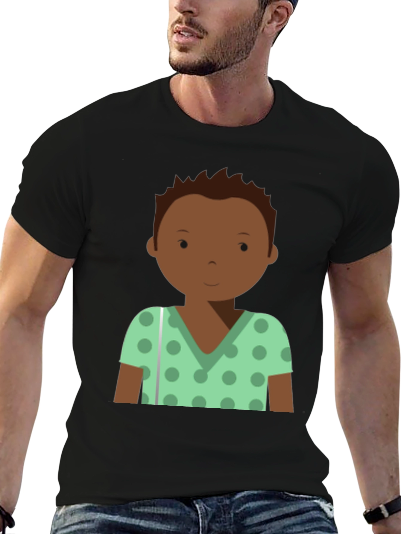 Cartoon Boy Graphic Tee - Soft Black T-Shirt