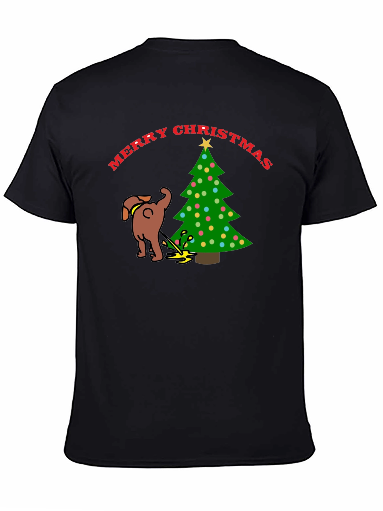 Merry Christmas Dog Peeing on Tree Black T-Shirt