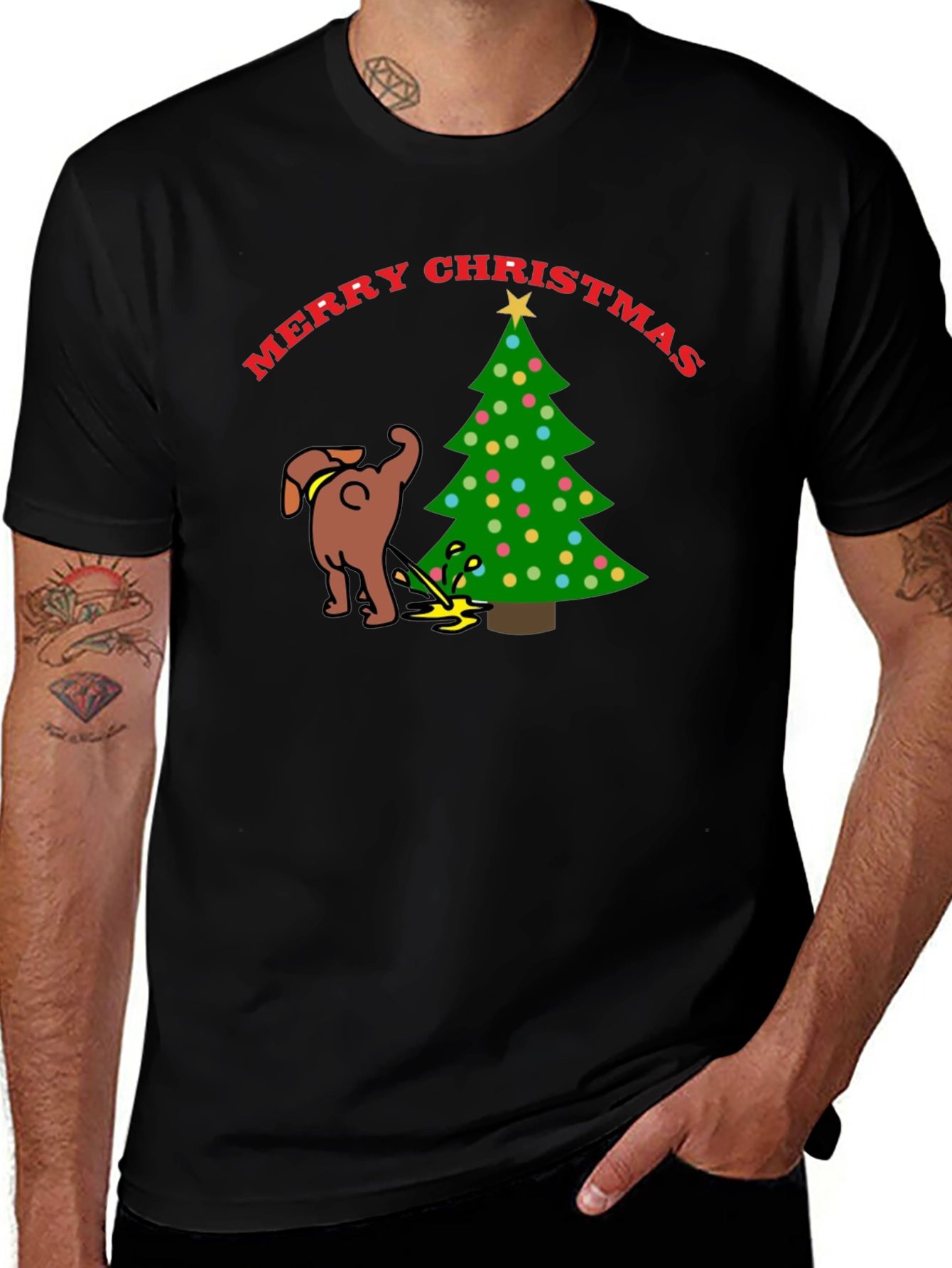 Merry Christmas Dog Peeing on Tree Black T-Shirt