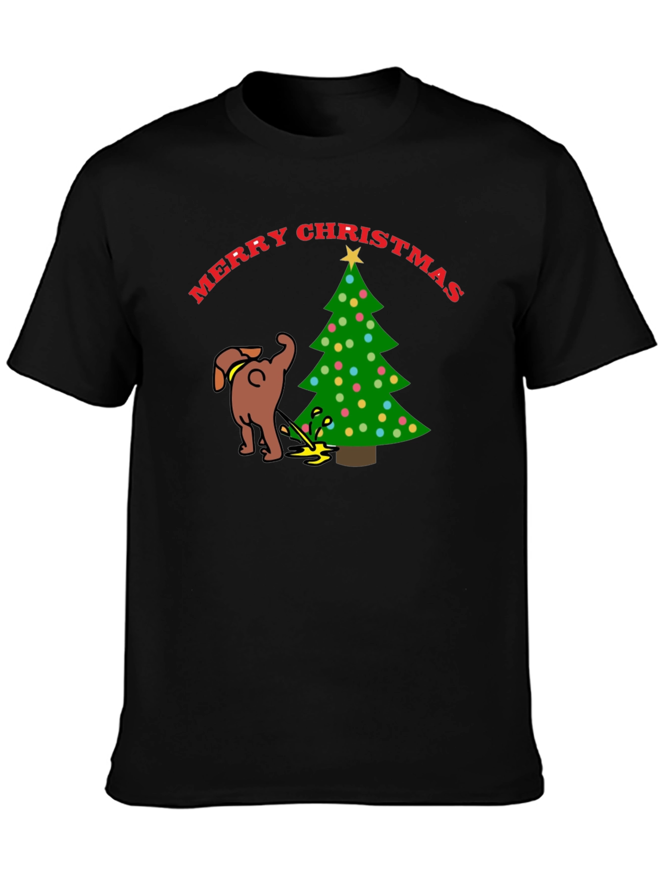 Merry Christmas Dog Peeing on Tree Black T-Shirt