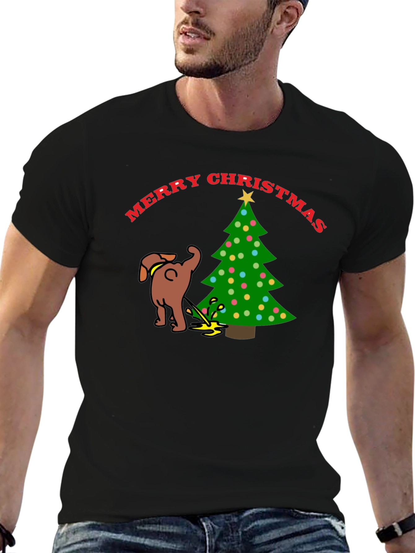 Merry Christmas Dog Peeing on Tree Black T-Shirt