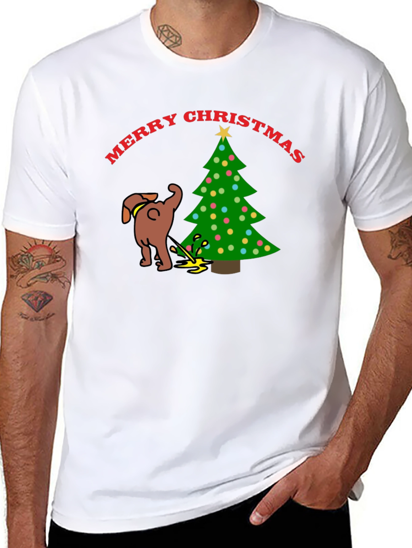 Merry Christmas Dog Peeing on Tree Black T-Shirt