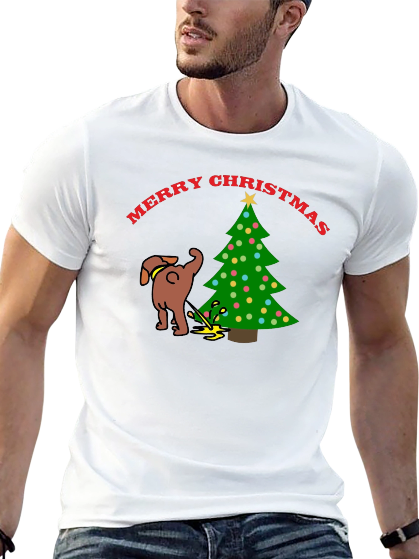 Merry Christmas Dog Peeing on Tree Black T-Shirt