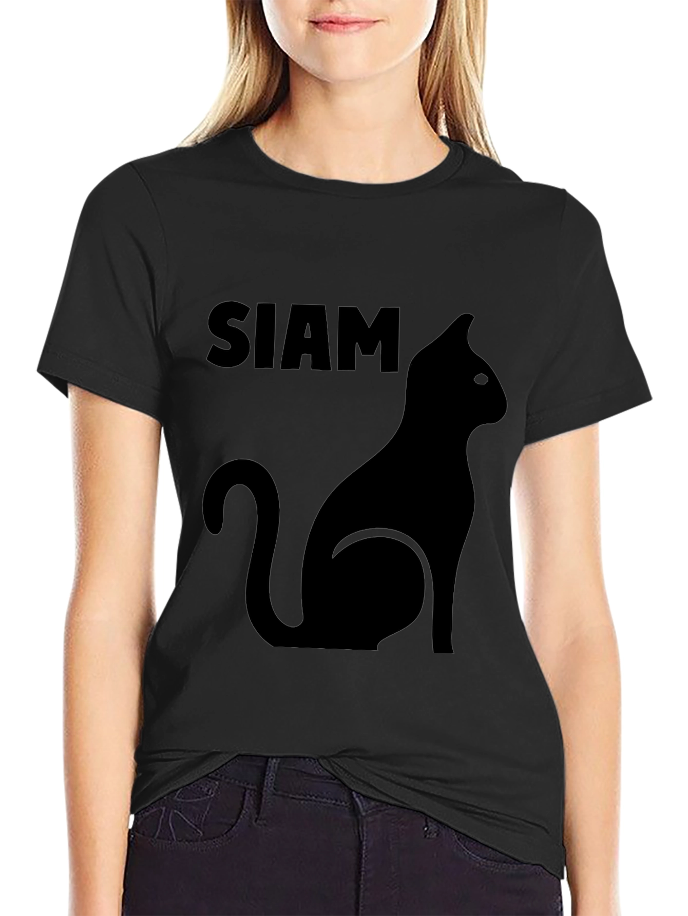 Siamese Cat Silhouette Graphic Tee - Black