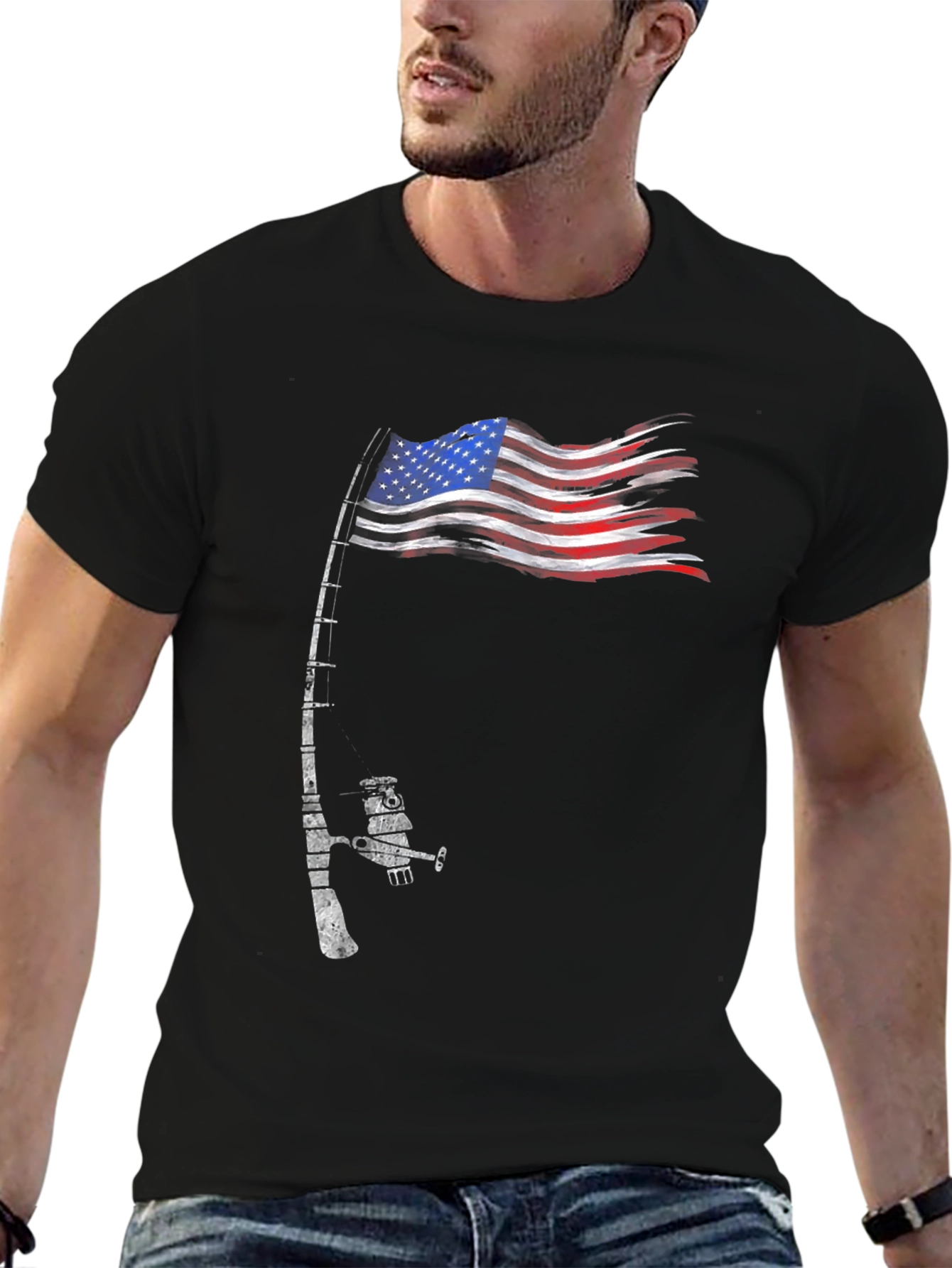 Fishing Rod American Flag Patriotic T-Shirt