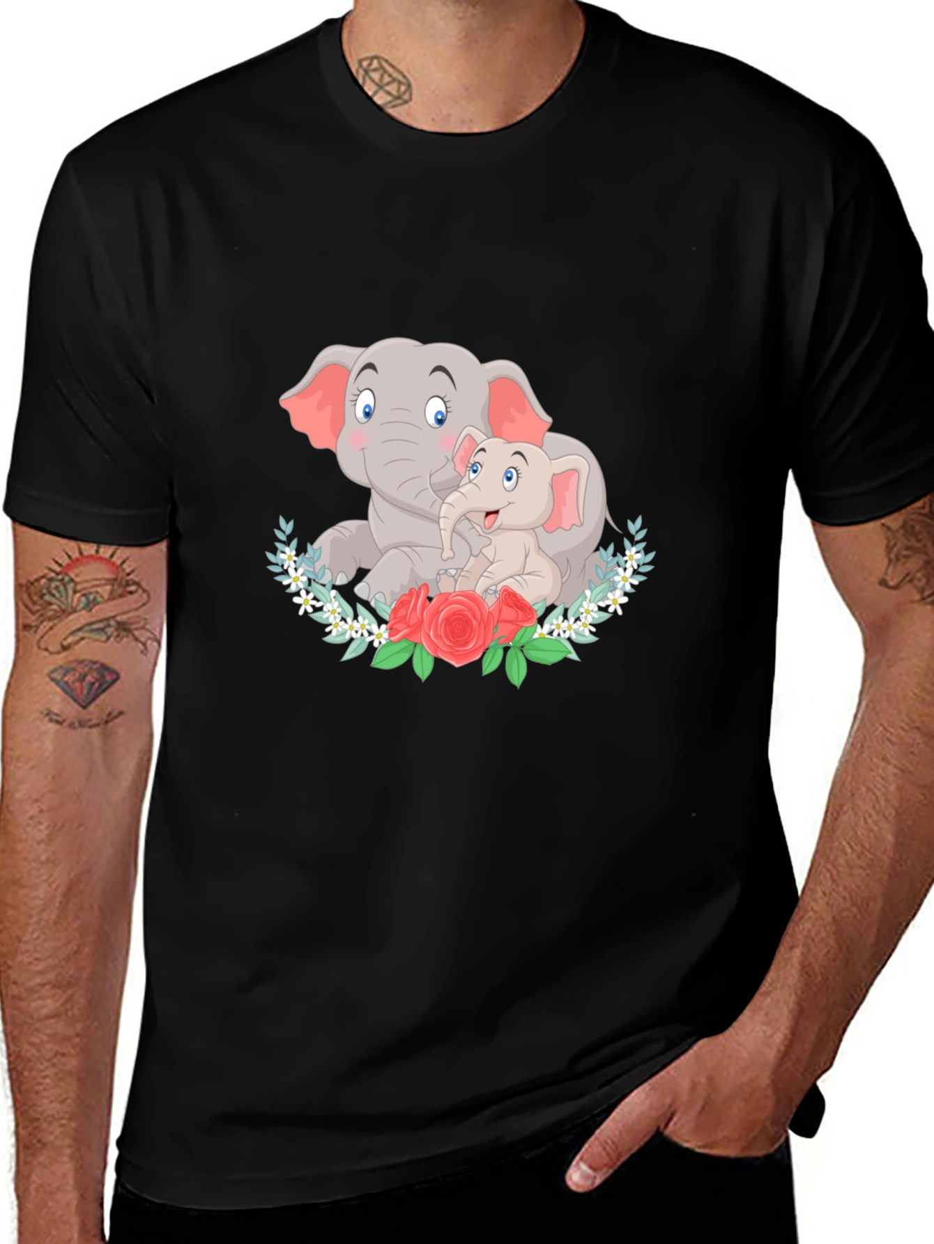 Elephant Mom and Baby Graphic Black T-Shirt
