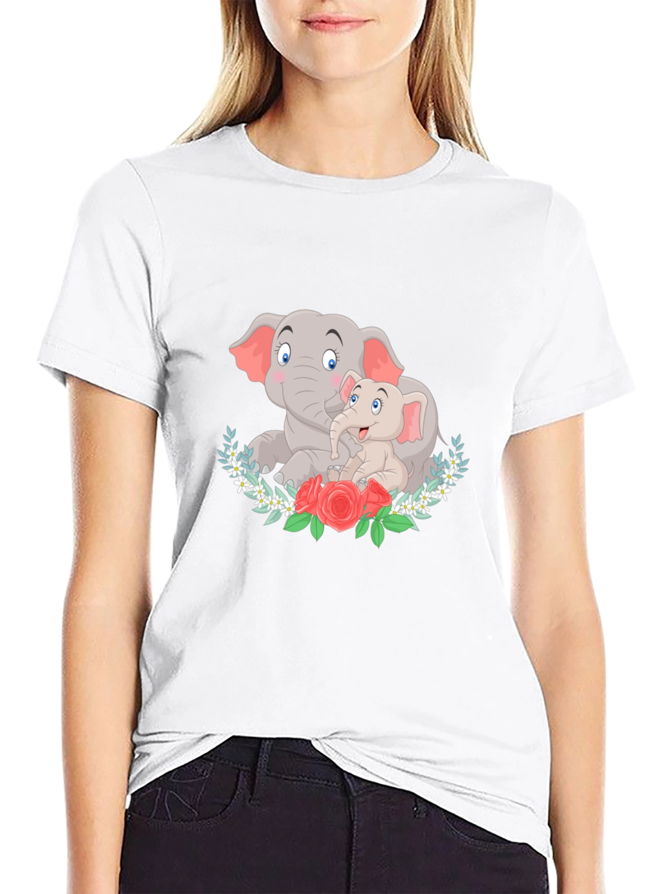 Elephant Mom and Baby Graphic Black T-Shirt