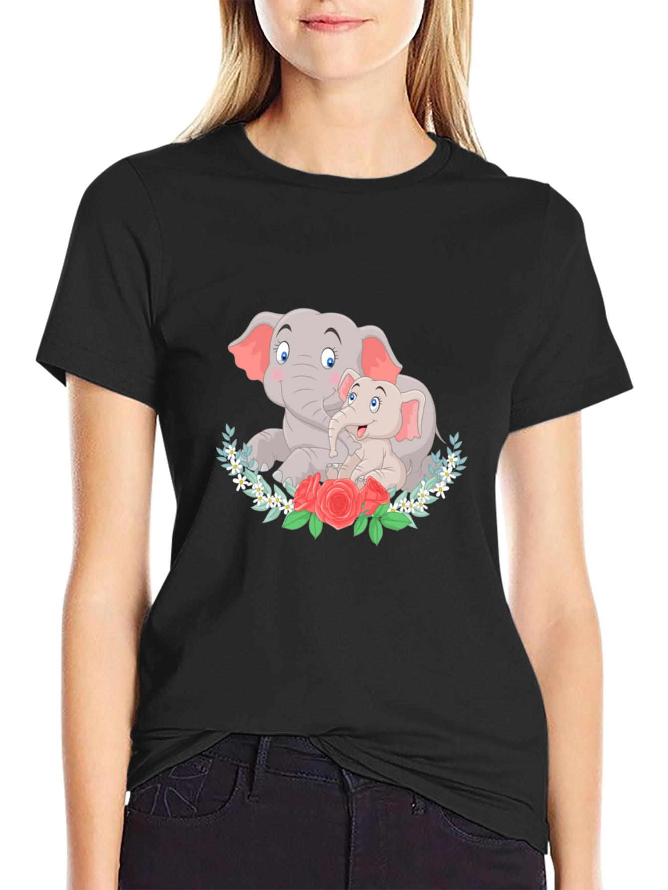 Elephant Mom and Baby Graphic Black T-Shirt