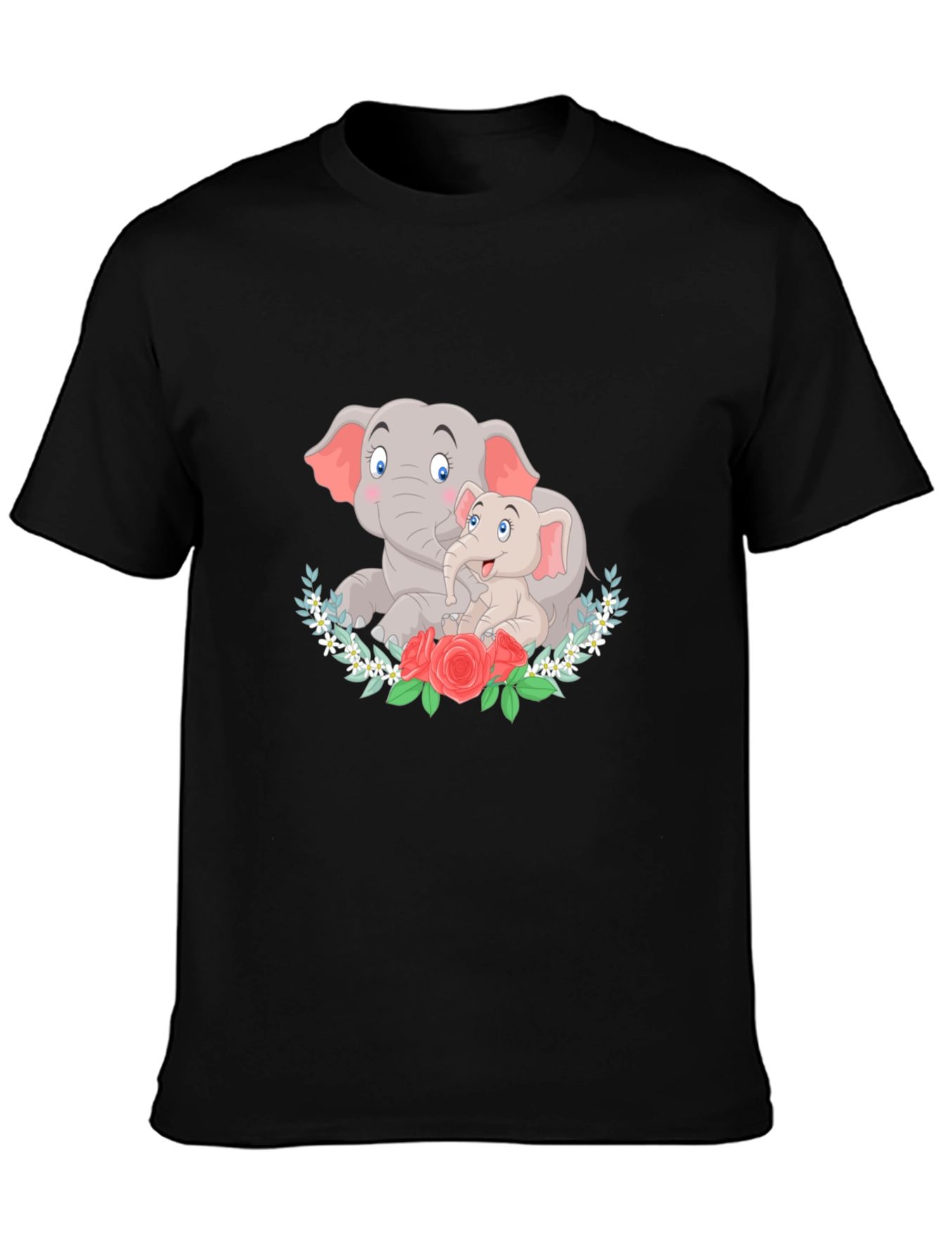 Elephant Mom and Baby Graphic Black T-Shirt