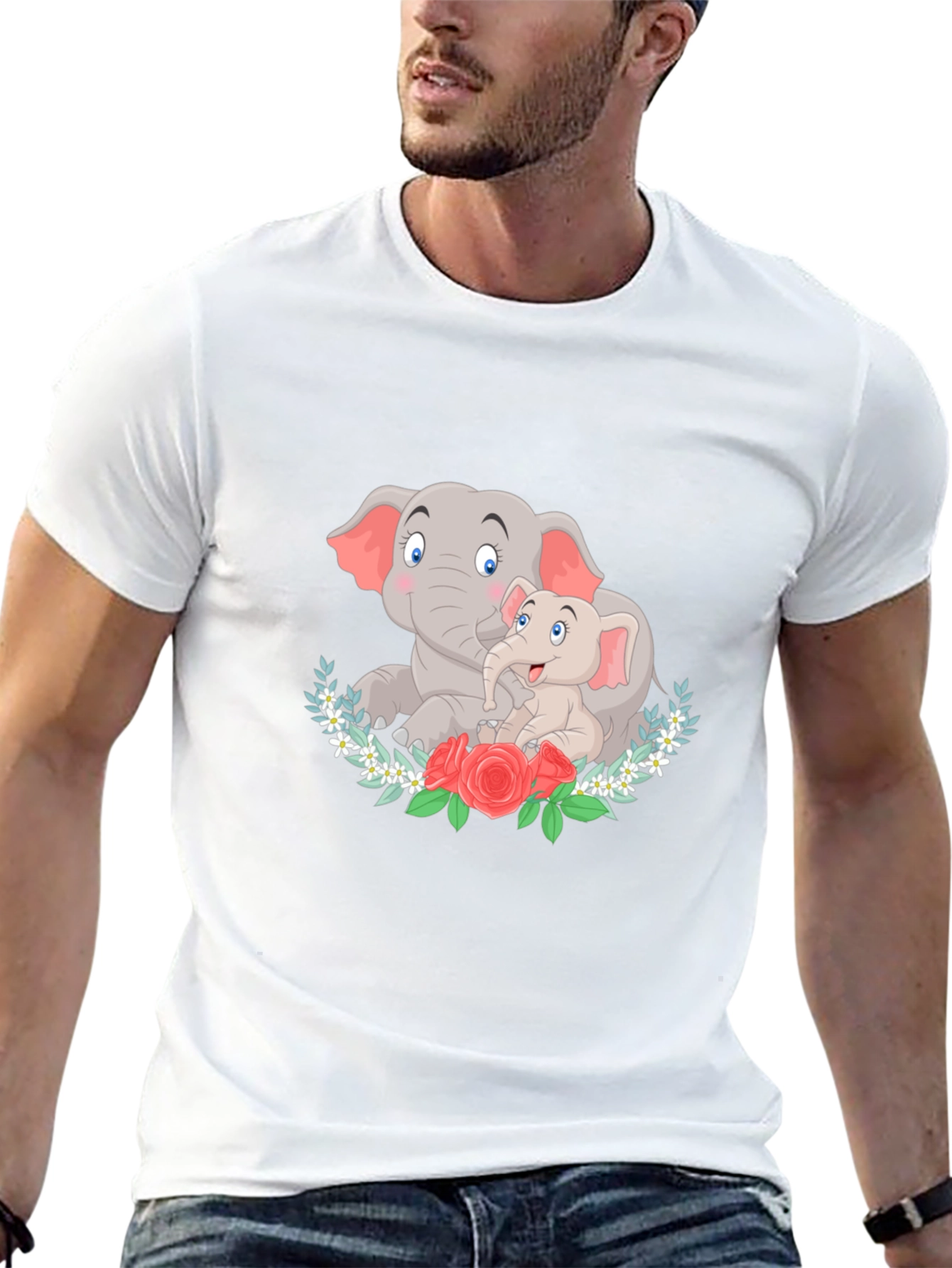Elephant Mom and Baby Graphic Black T-Shirt