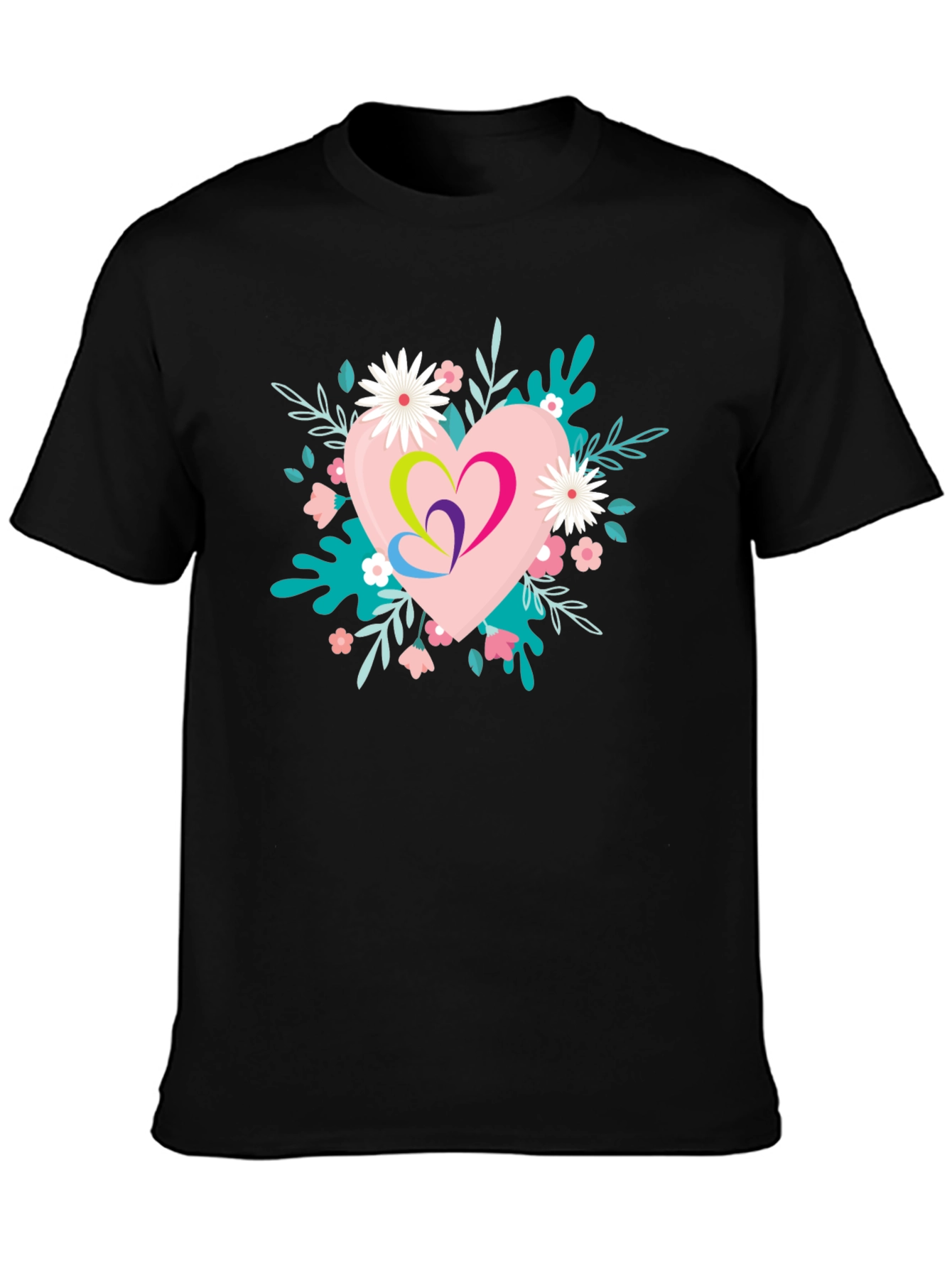 Floral Heart Graphic Black T-Shirt
