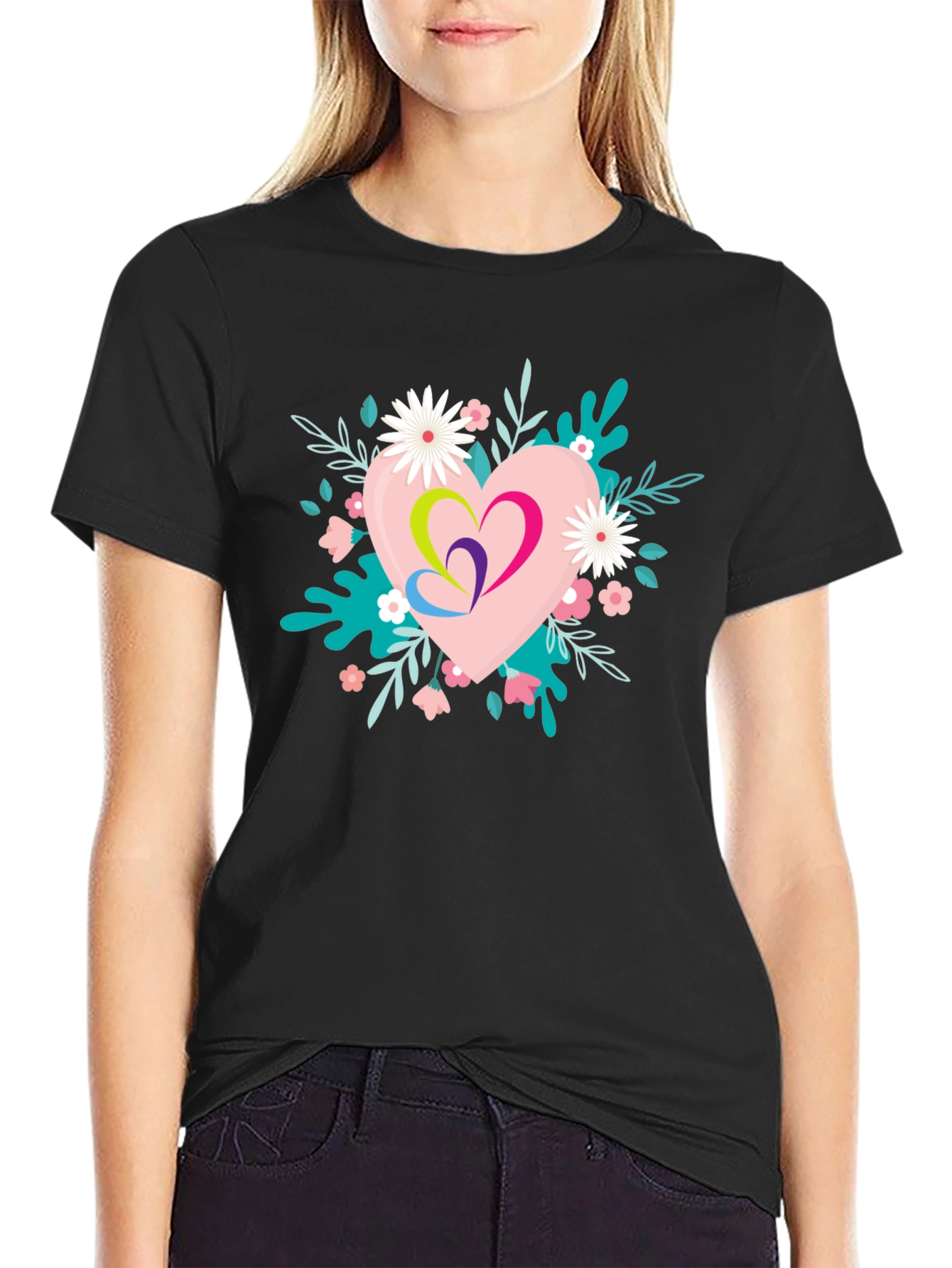 Floral Heart Graphic Black T-Shirt