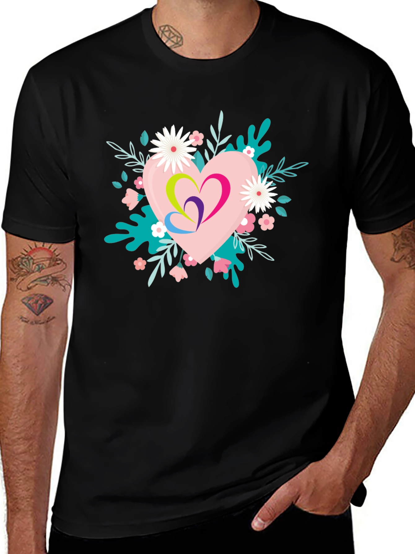 Floral Heart Graphic Black T-Shirt