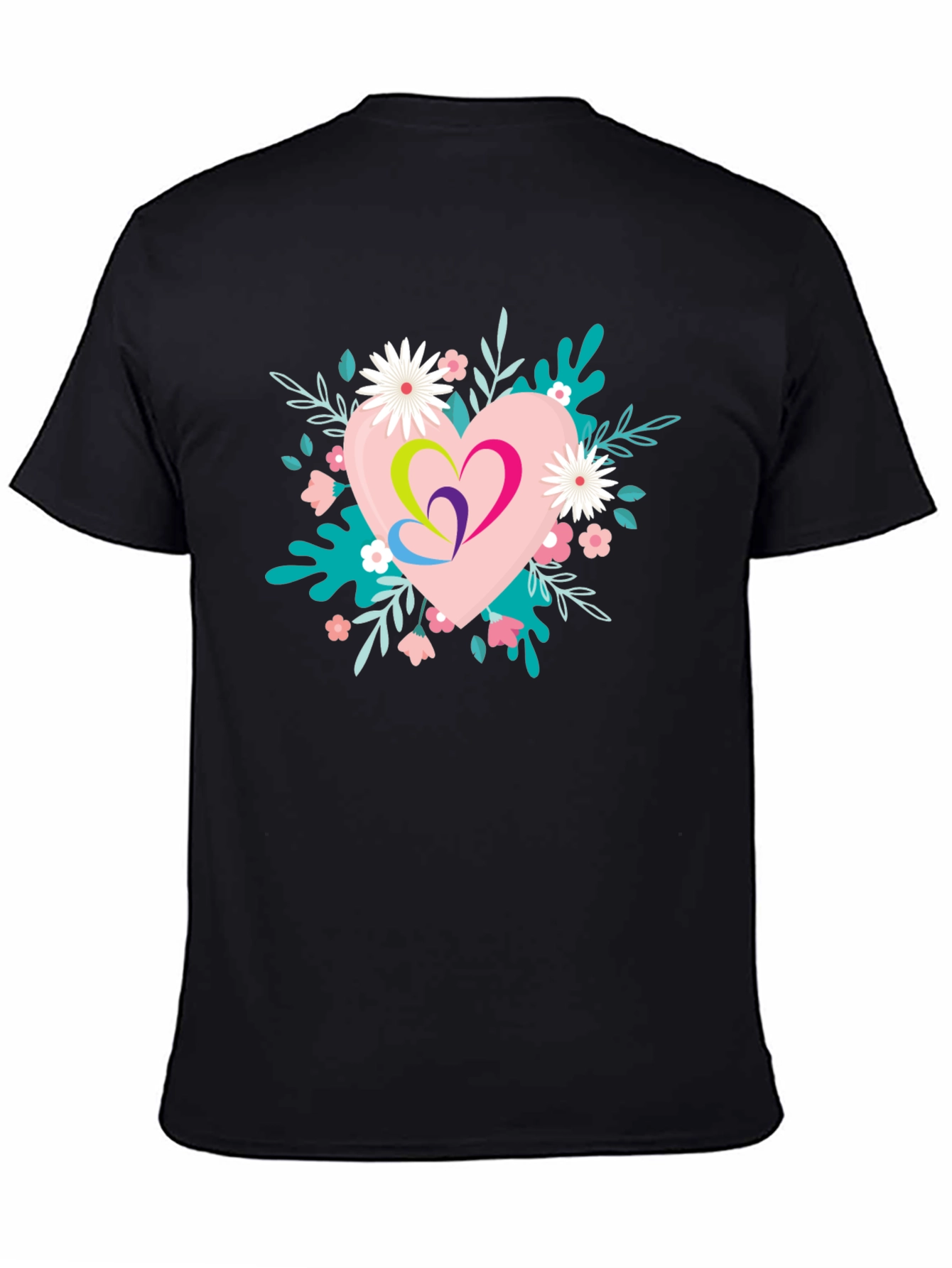 Floral Heart Graphic Black T-Shirt