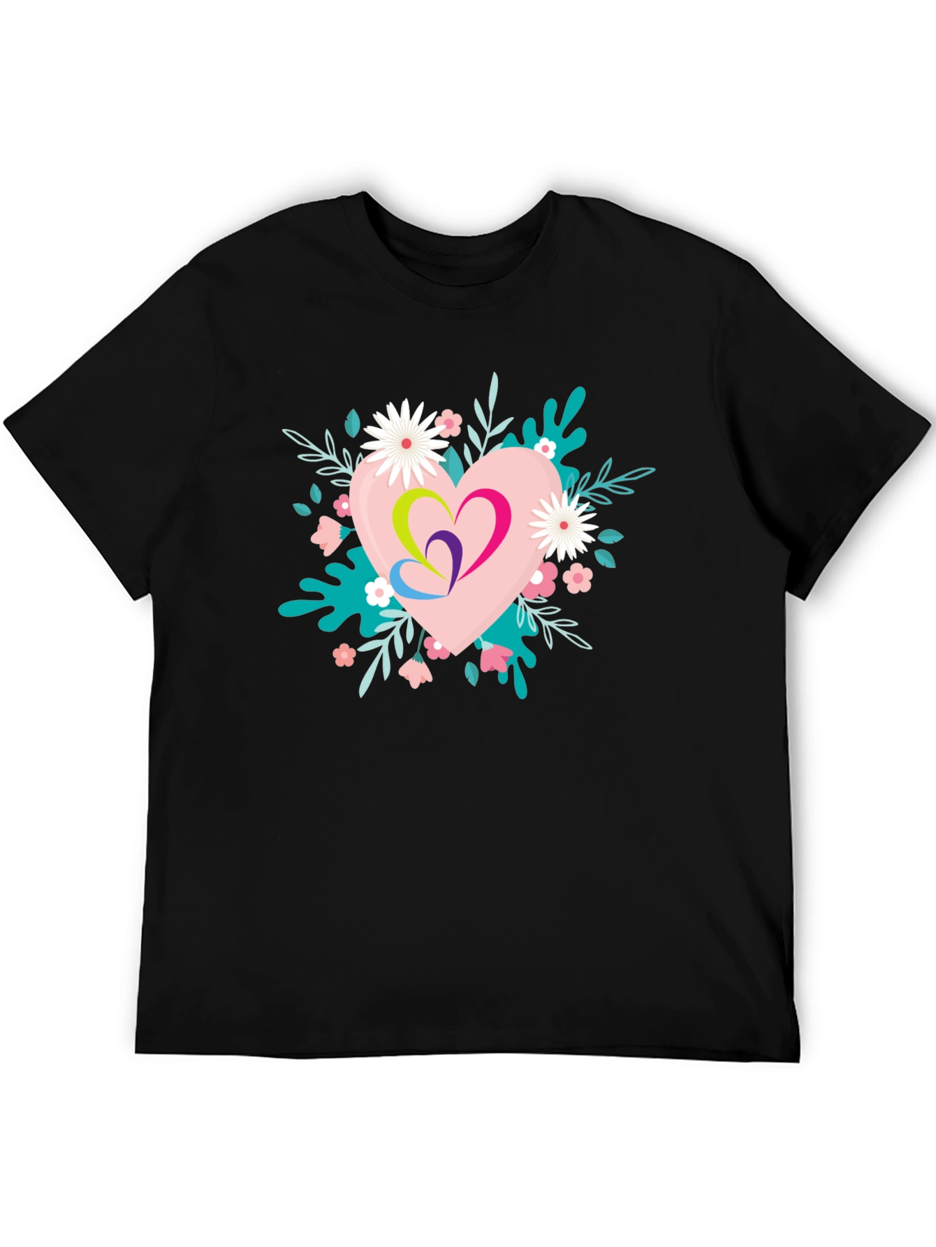 Floral Heart Graphic Black T-Shirt