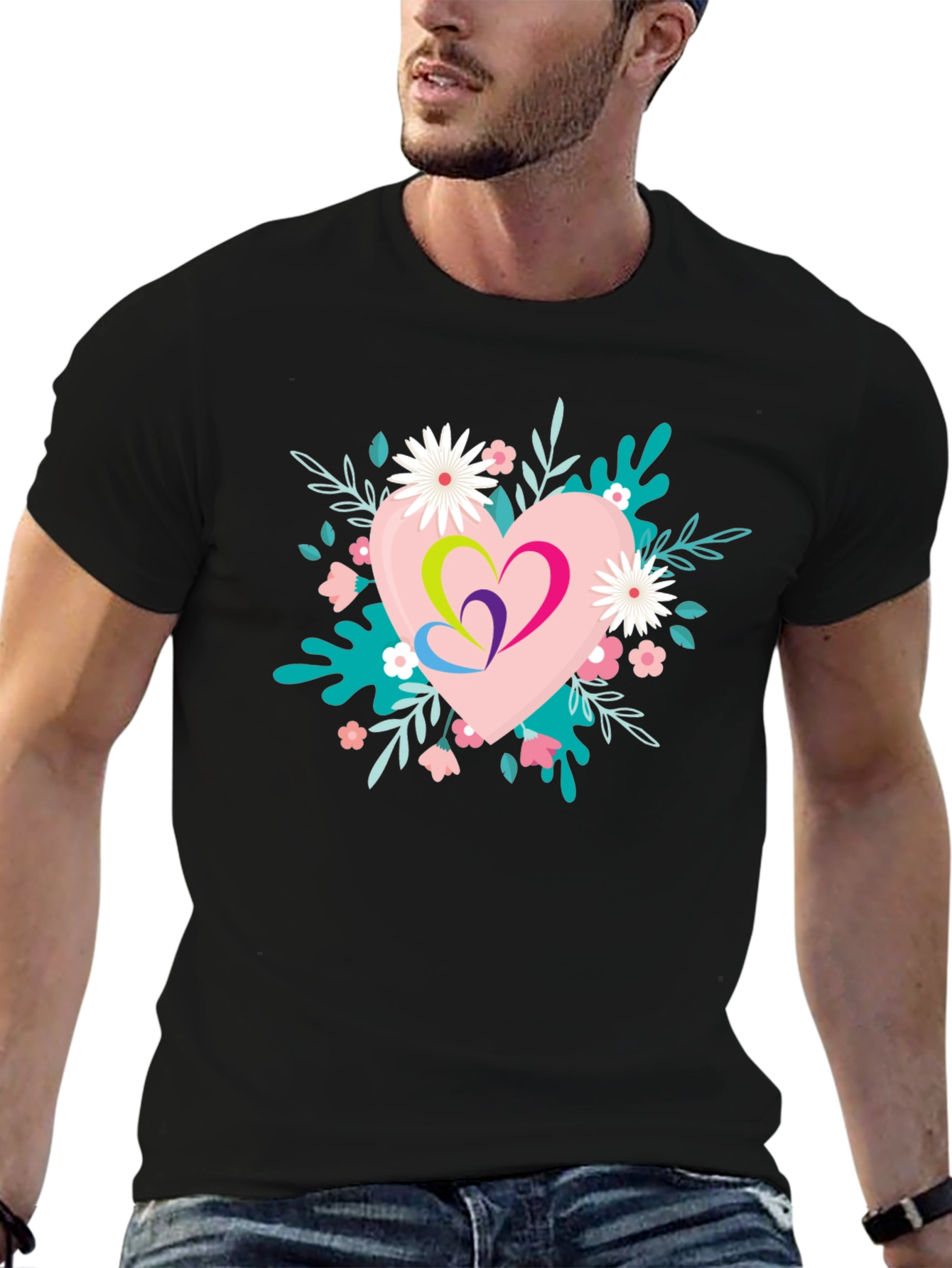 Floral Heart Graphic Black T-Shirt