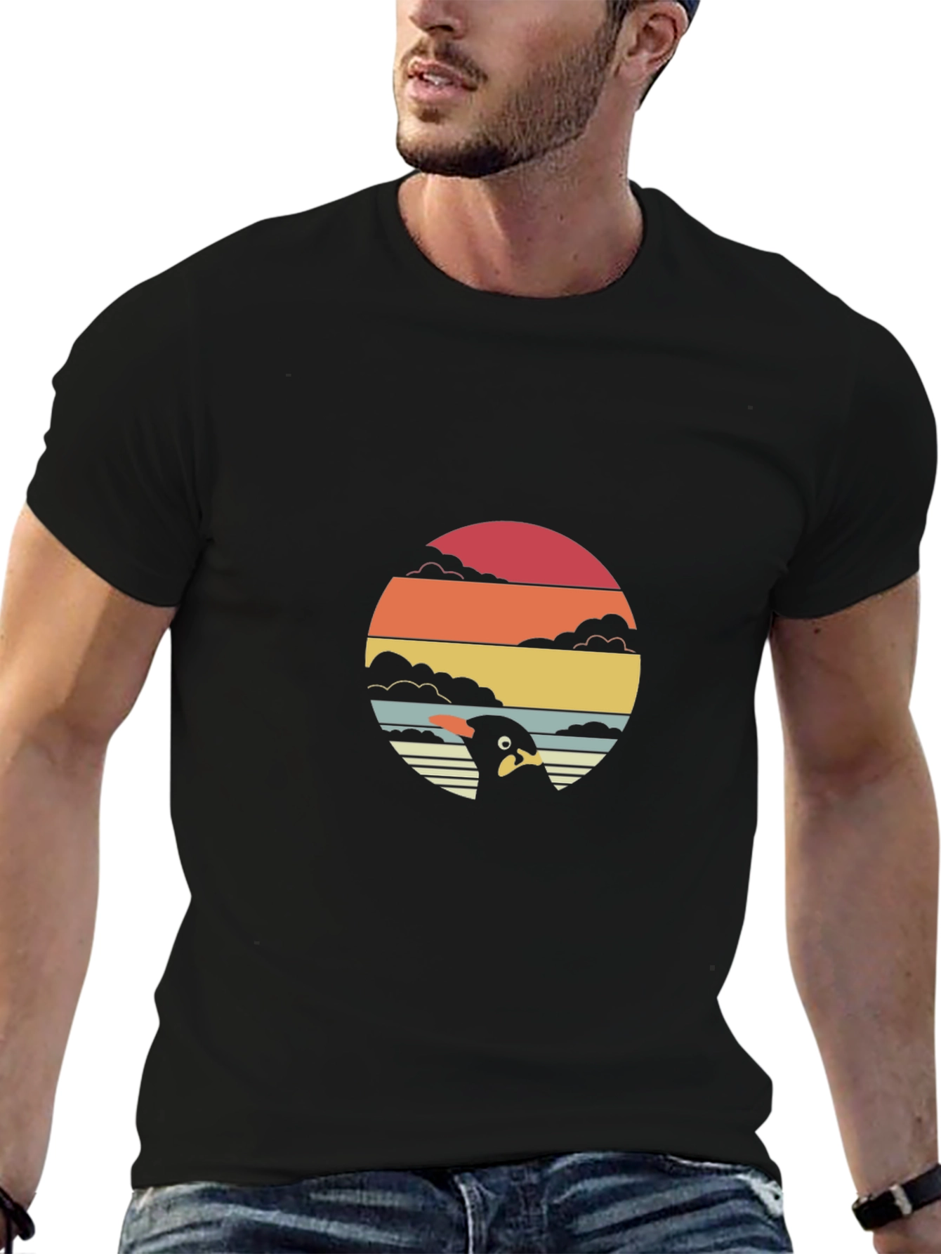 Retro Penguin Sunset Graphic Tee - Black