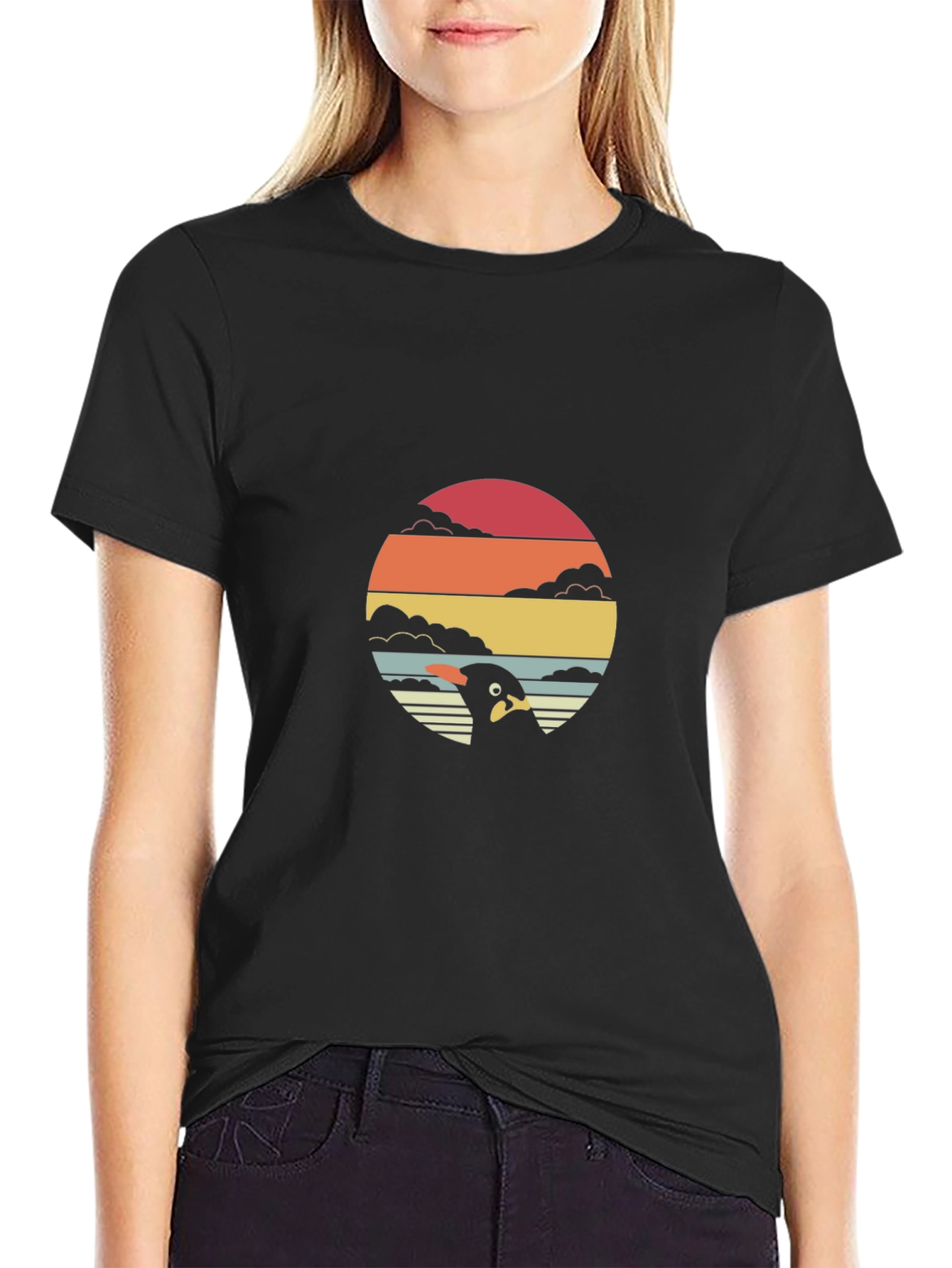 Retro Penguin Sunset Graphic Tee - Black
