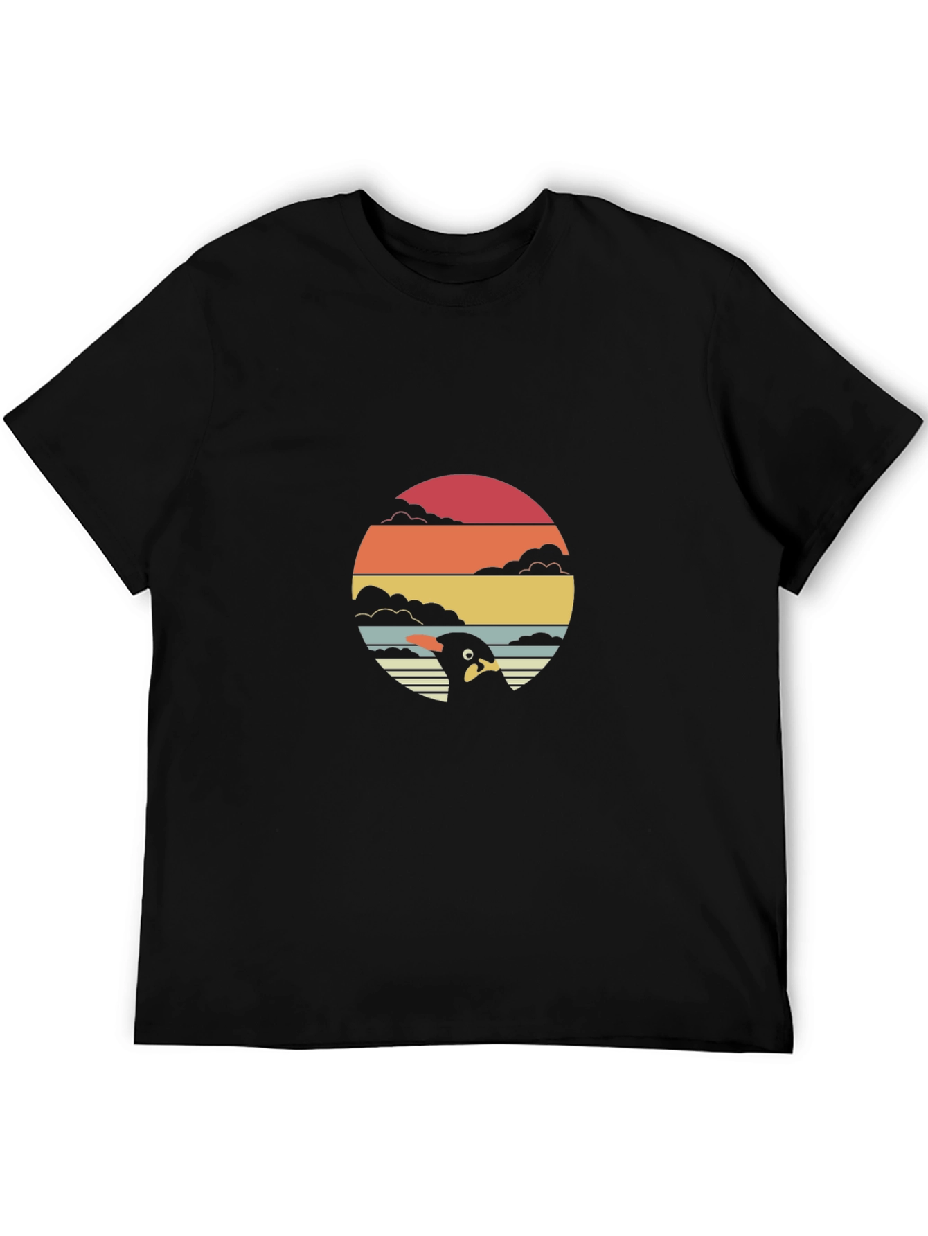Retro Penguin Sunset Graphic Tee - Black