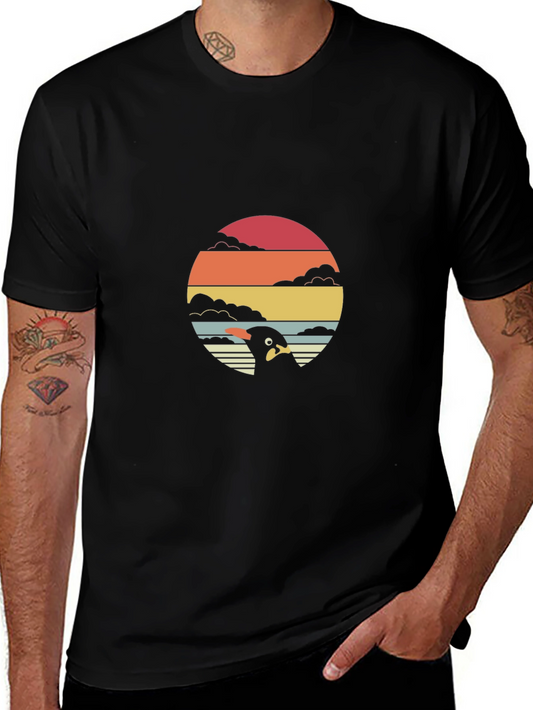Retro Penguin Sunset Graphic Tee - Black