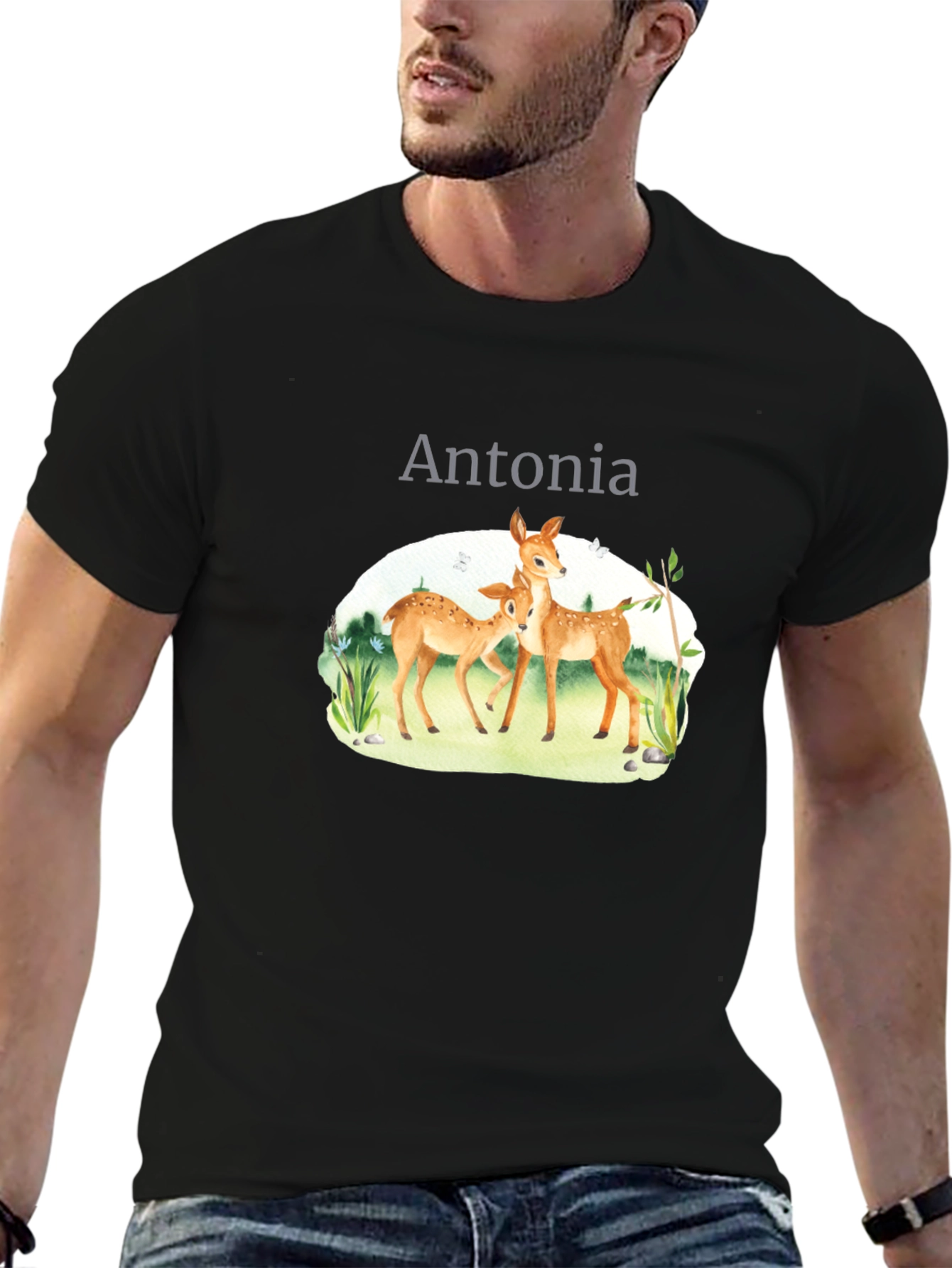 Personalized Deer Family Black T-Shirt