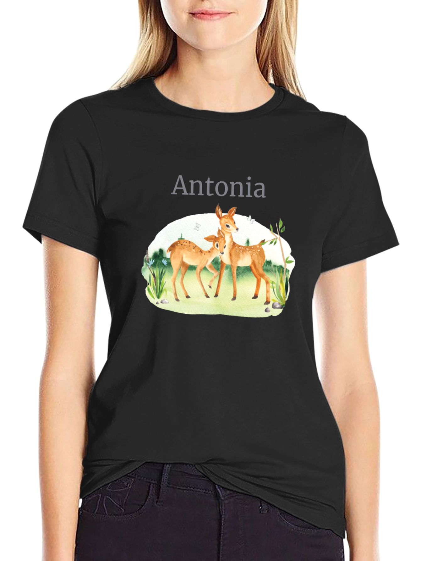 Personalized Deer Family Black T-Shirt