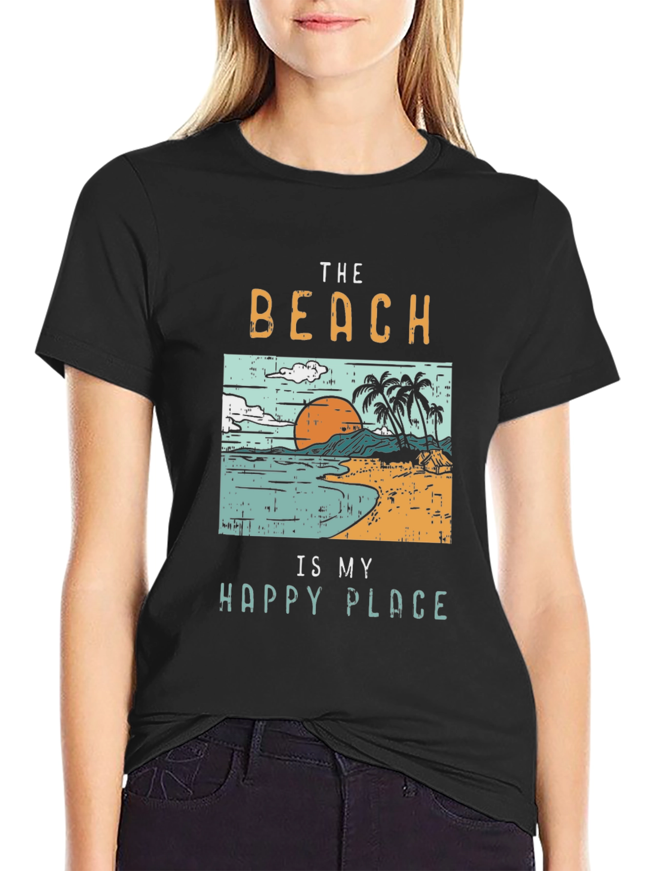 The Beach Is My Happy Place Black Graphic T-Shirt