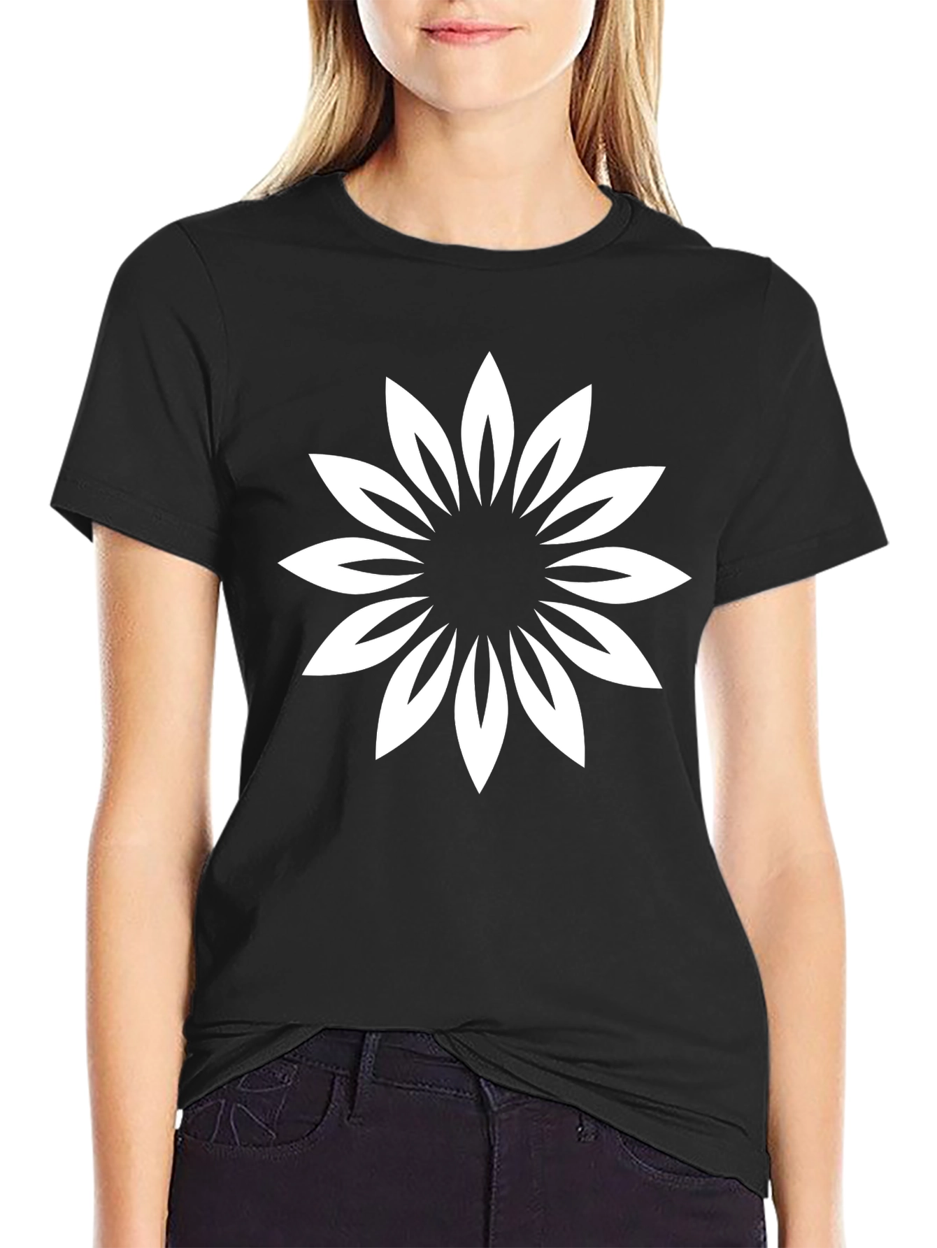 Black T-Shirt with White Floral Design
