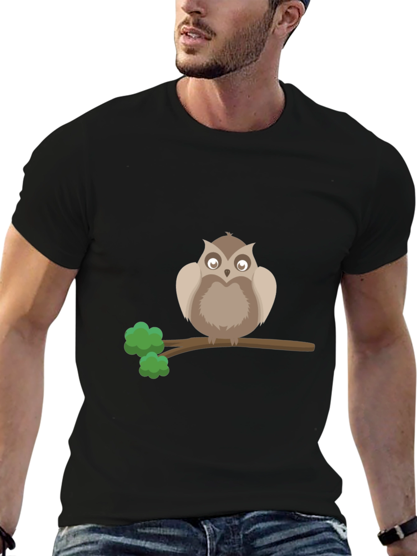 Owl on Branch Graphic Tee - Black Cotton T-Shirt