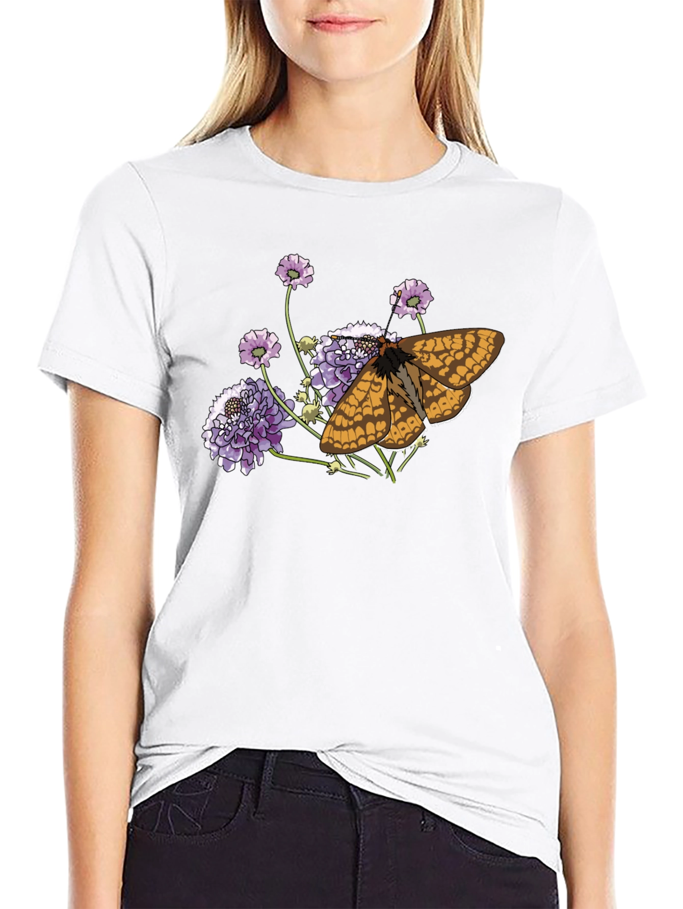 Butterfly and Flower Graphic Black T-Shirt
