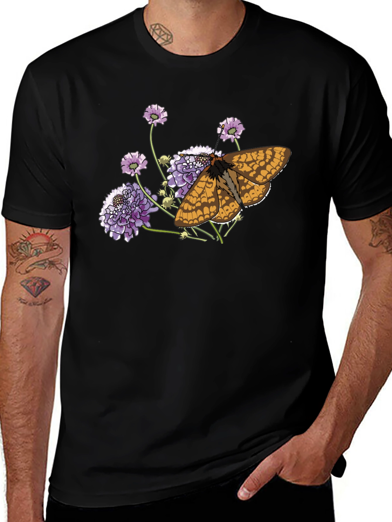 Butterfly and Flower Graphic Black T-Shirt