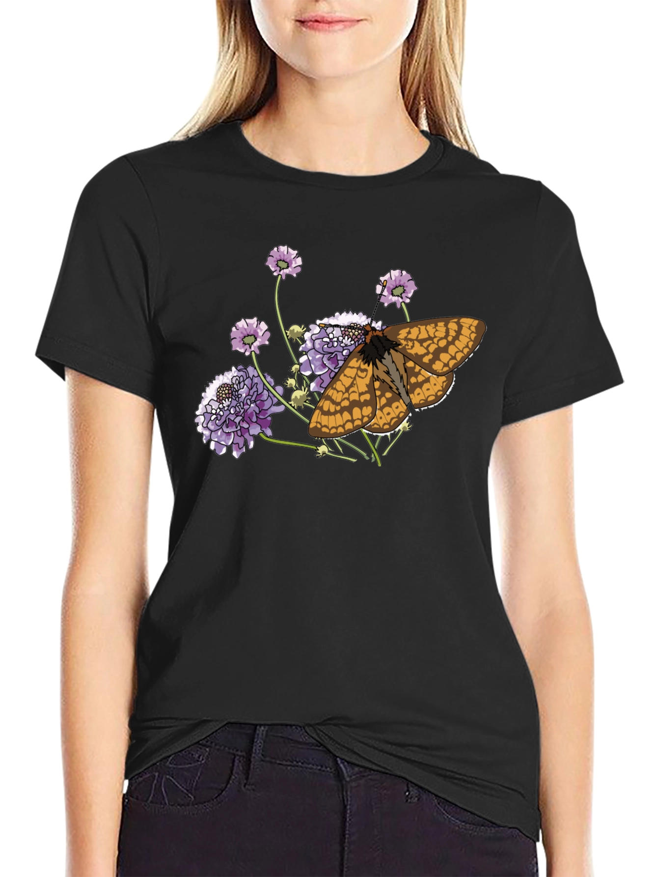 Butterfly and Flower Graphic Black T-Shirt